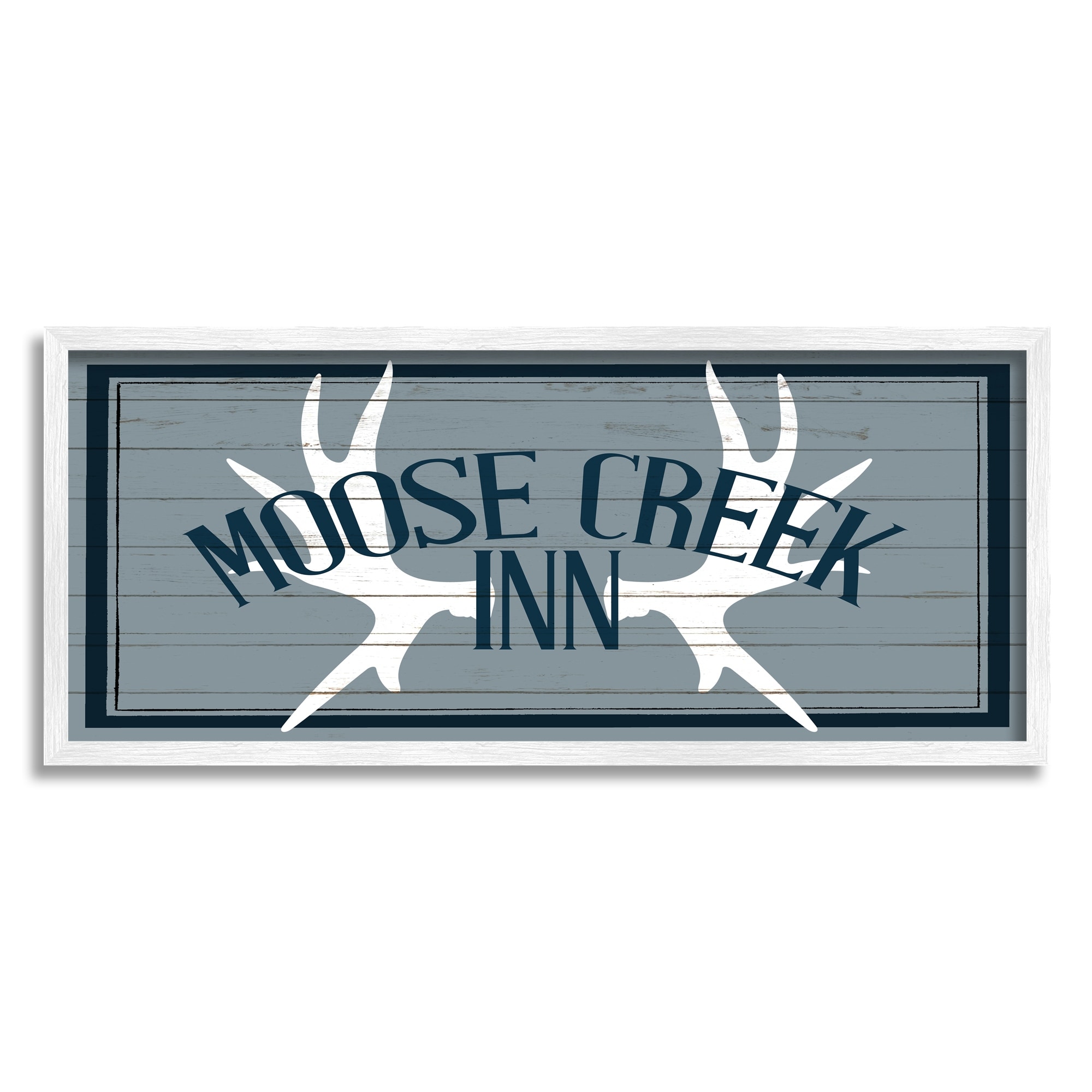 Stupell Industries Blue Moose Creek Inn Sign Rustic Antlers Cabin Theme Framed Wall Art, 24 x 10, Design by Kim Allen