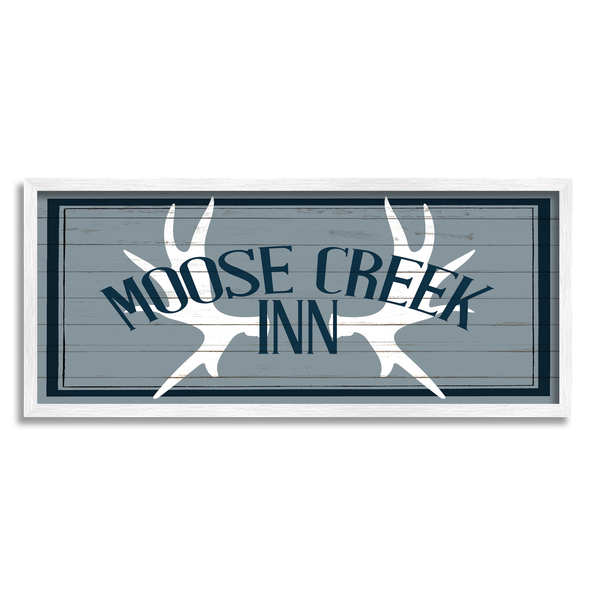 Stupell Industries Blue Moose Creek Inn Sign Rustic Antlers Cabin Theme Framed Wall Art, 30 x 13, Design by Kim Allen