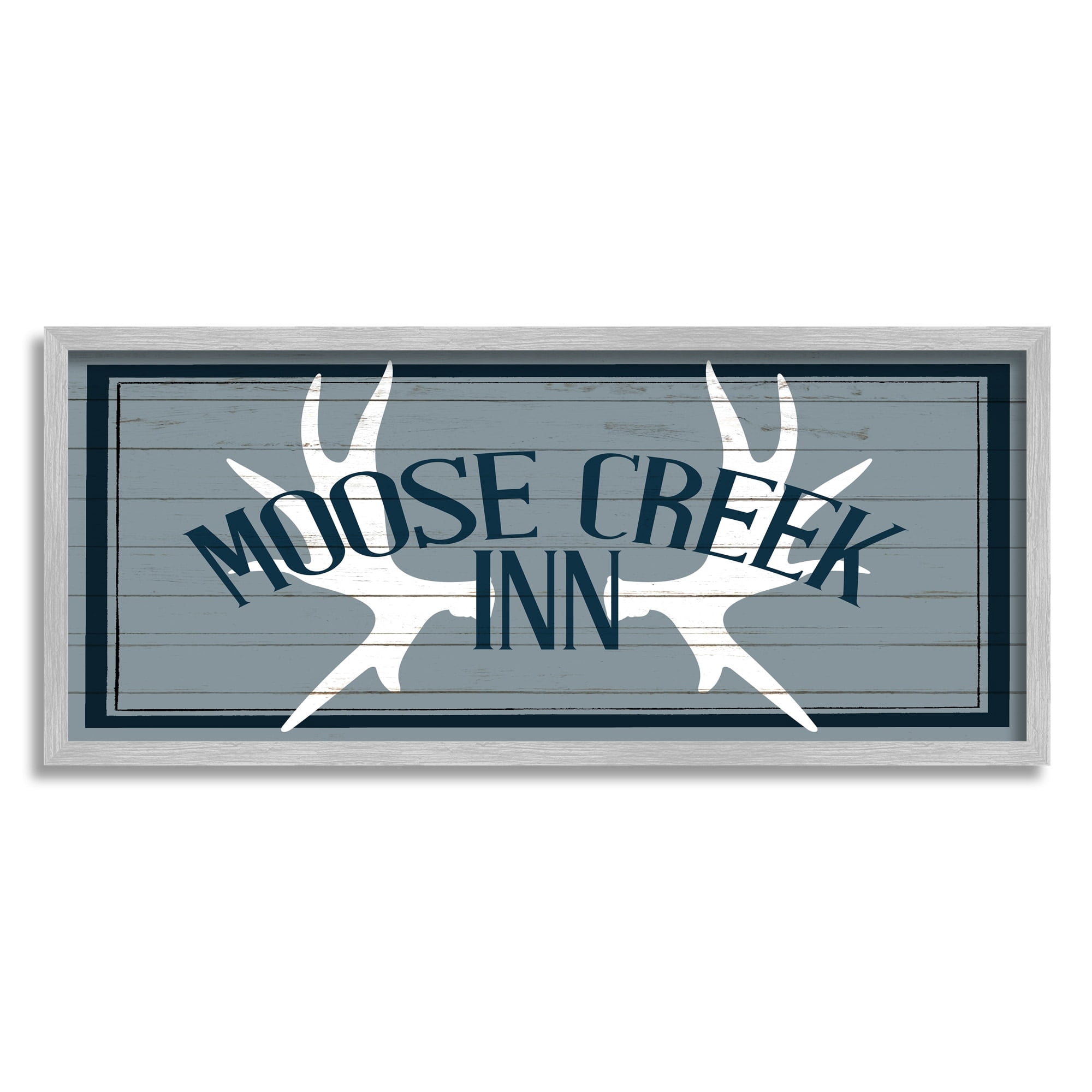 Stupell Industries Blue Moose Creek Inn Sign Rustic Antlers Cabin Theme Framed Wall Art, 30 x 13, Design by Kim Allen