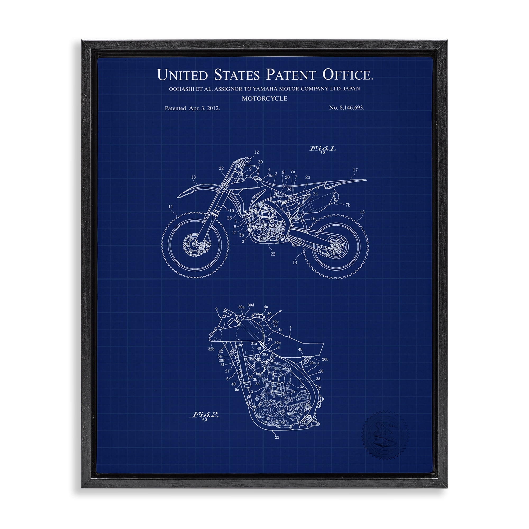 Stupell Industries Blue Motorcycle Blueprint Transportation Painting Black Floater Framed Art Print Wall Art, 25 x 31
