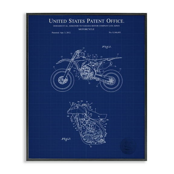 Stupell Industries Blue Motorcycle Blueprint Transportation Painting Black Framed Art Print Wall Art, 11 x 14