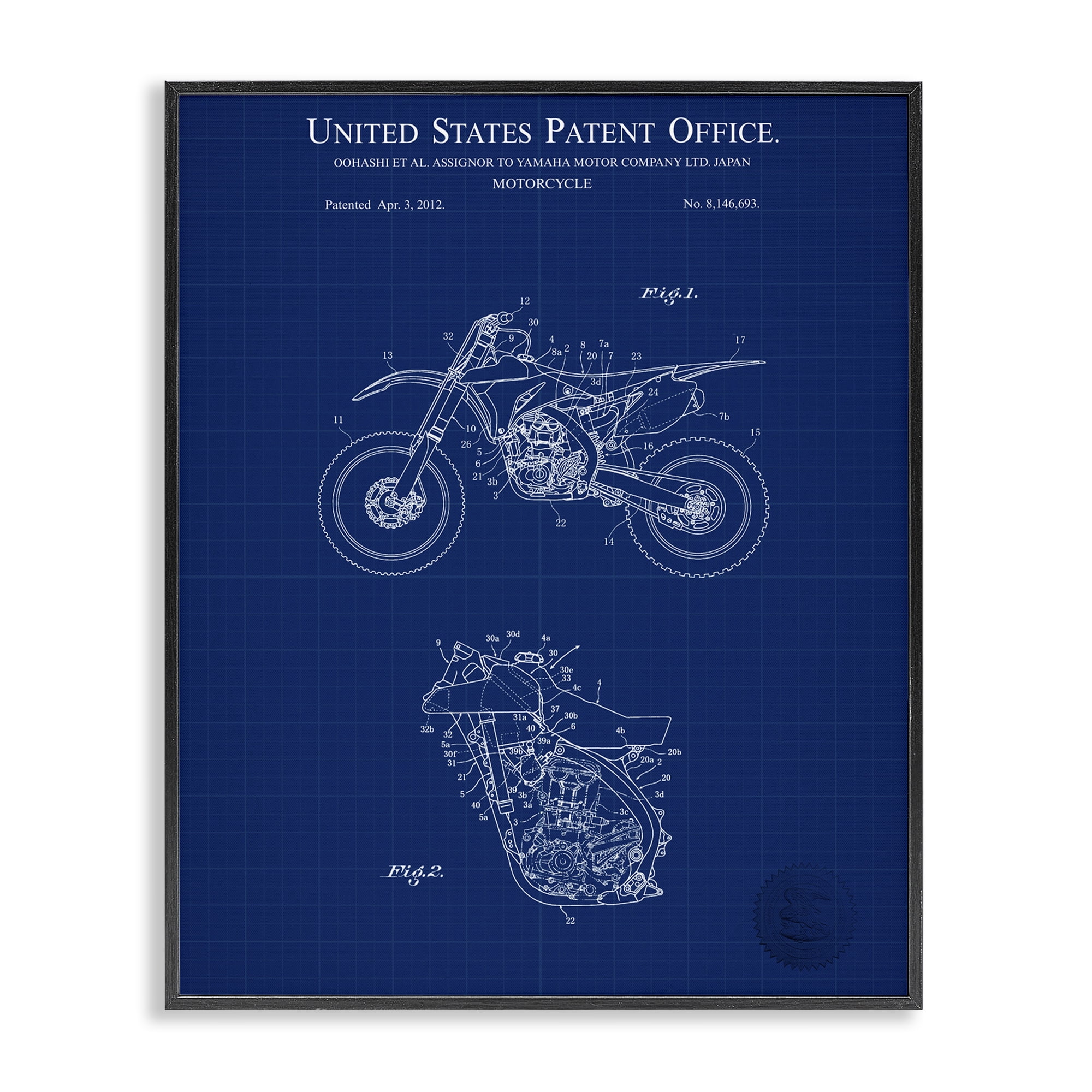 Stupell Industries Blue Motorcycle Blueprint Transportation Painting Black Framed Art Print Wall Art, 24 x 30