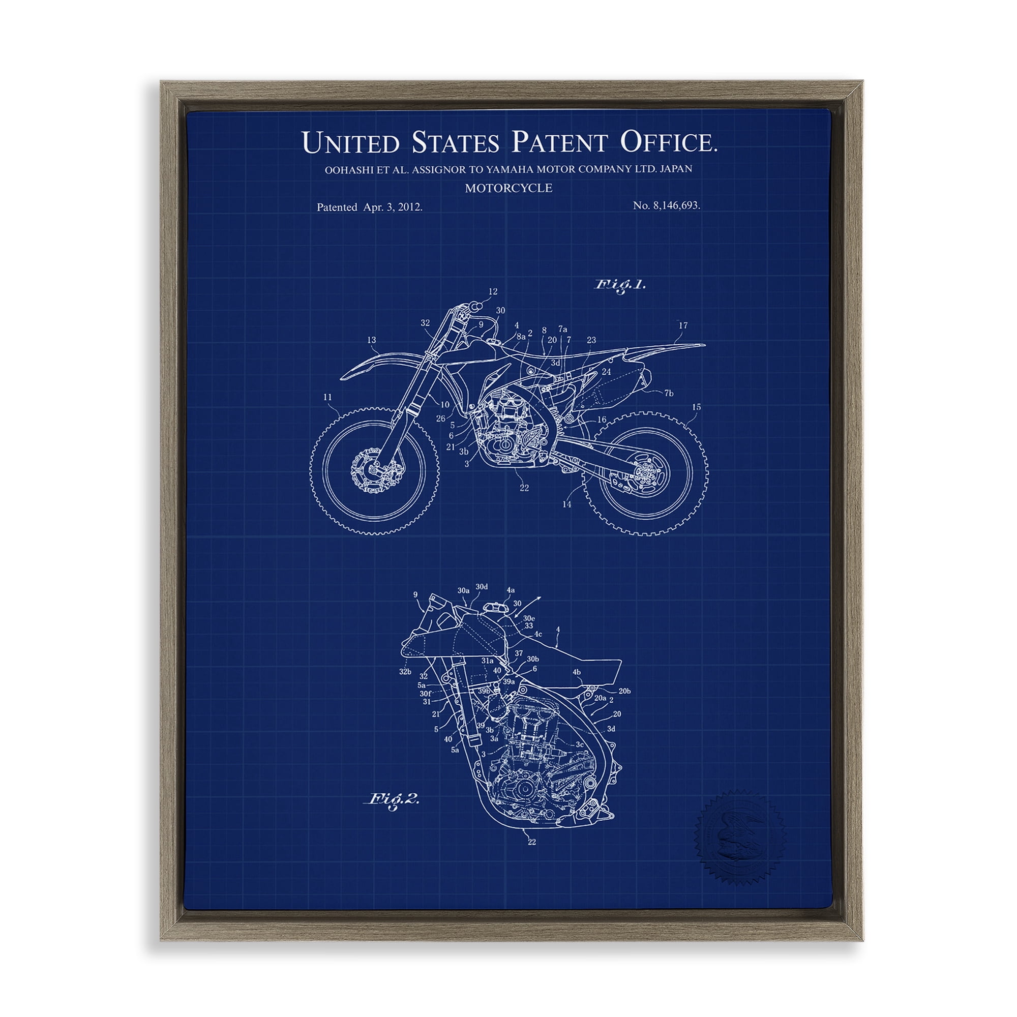 Stupell Industries Blue Motorcycle Blueprint Transportation Painting Brown Floater Framed Art Print Wall Art, 25 x 31