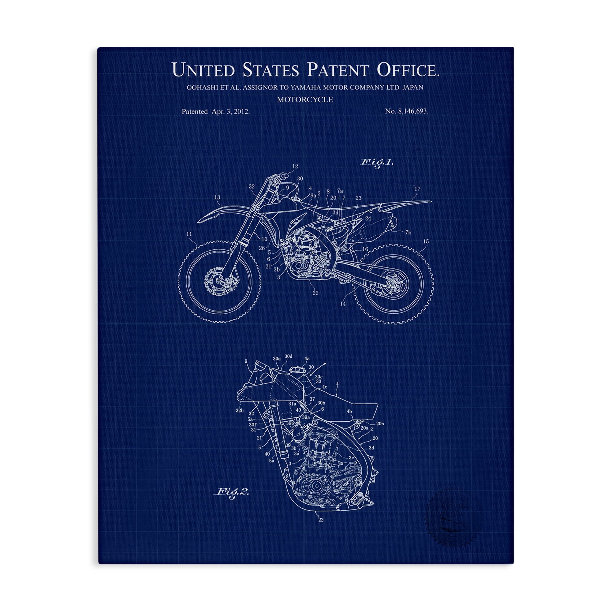 Stupell Industries Blue Motorcycle Blueprint Transportation Painting Gallery Wrapped Canvas Art Print Wall Art, 36 x 48