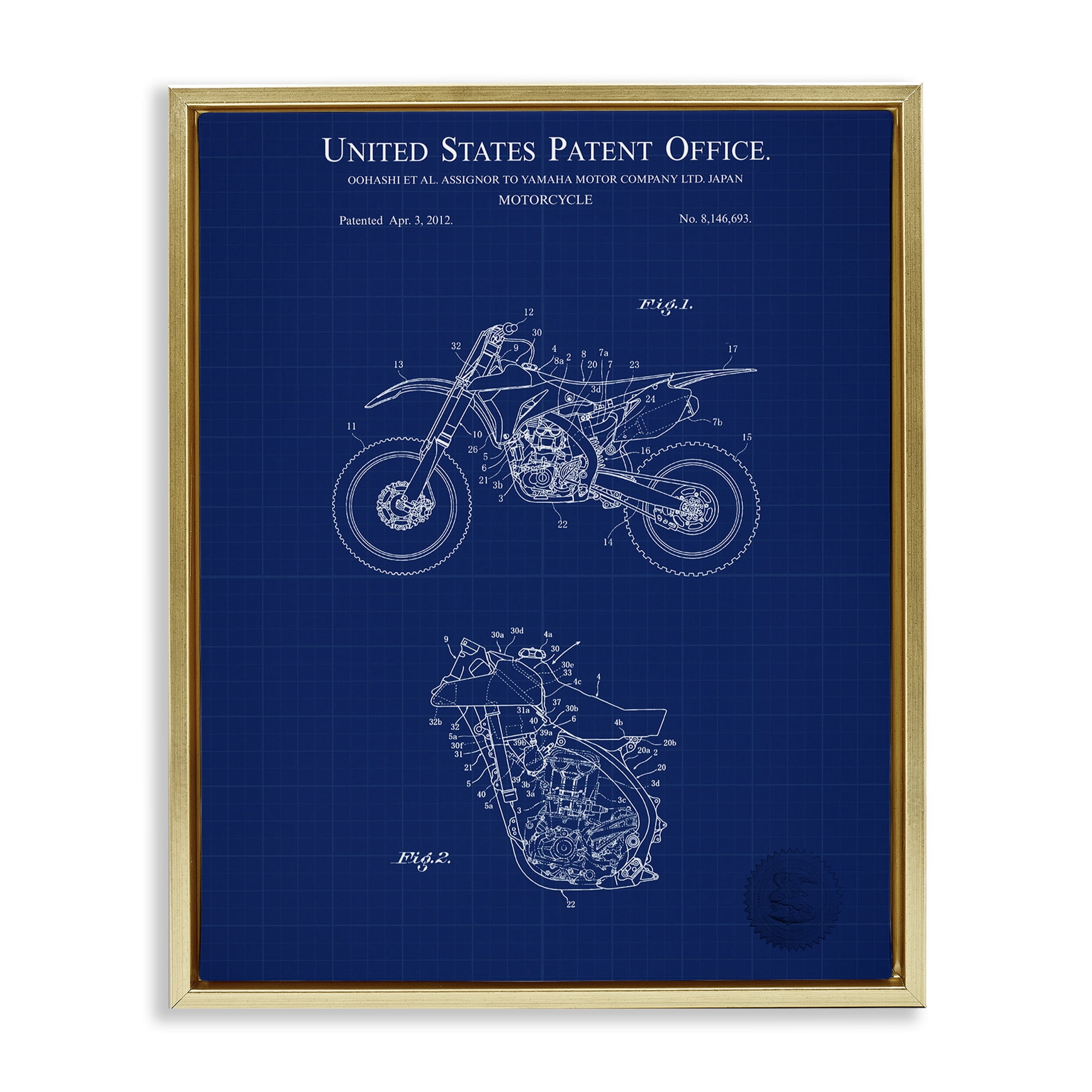 Stupell Industries Blue Motorcycle Blueprint Transportation Painting Gold Floater Framed Art Print Wall Art, 17 x 21