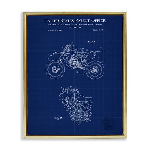 Stupell Industries Blue Motorcycle Blueprint Transportation Painting Gold Floater Framed Art Print Wall Art, 17 x 21
