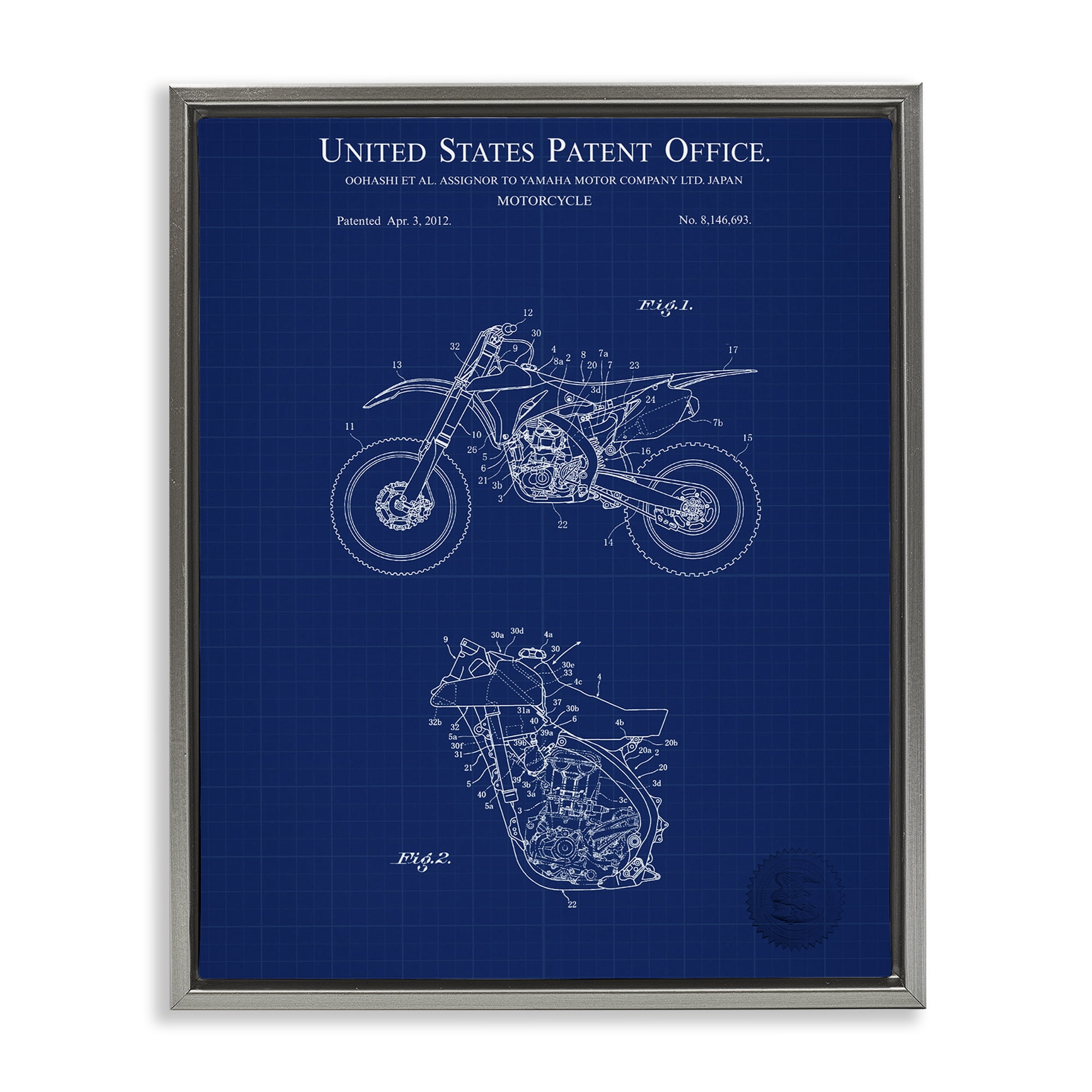 Stupell Industries Blue Motorcycle Blueprint Transportation Painting Gray Floater Framed Art Print Wall Art, 17 x 21