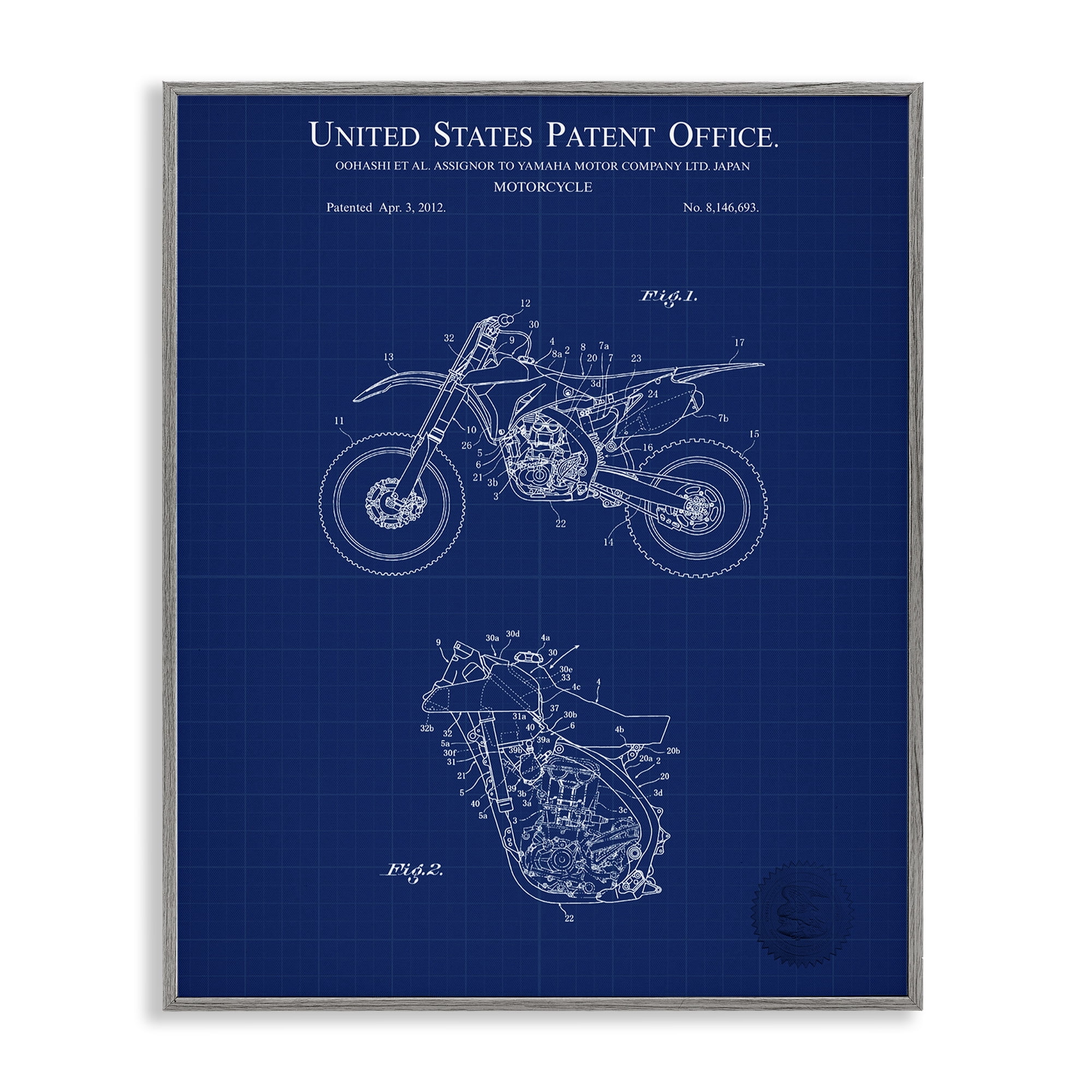 Stupell Industries Blue Motorcycle Blueprint Transportation Painting Gray Framed Art Print Wall Art, 24 x 30
