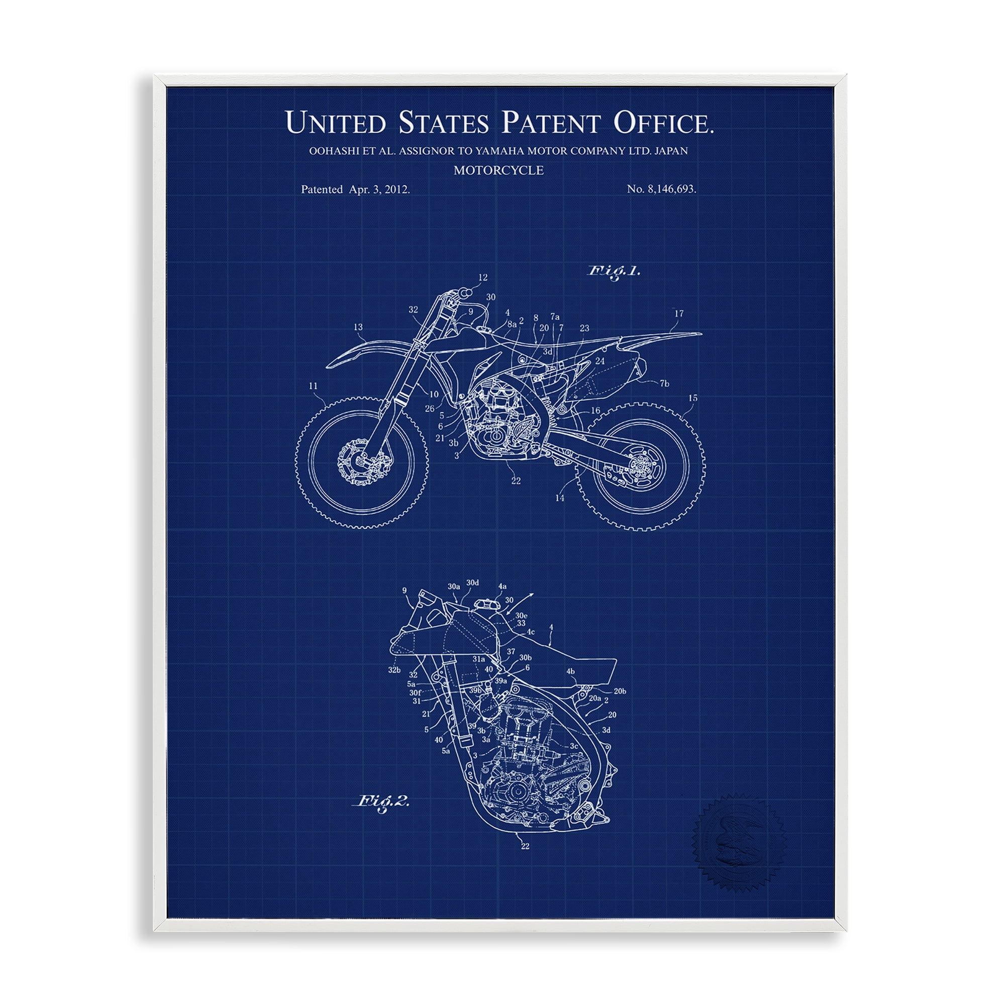 Stupell Industries Blue Motorcycle Blueprint Transportation Painting White Framed Art Print Wall Art, 16 x 20
