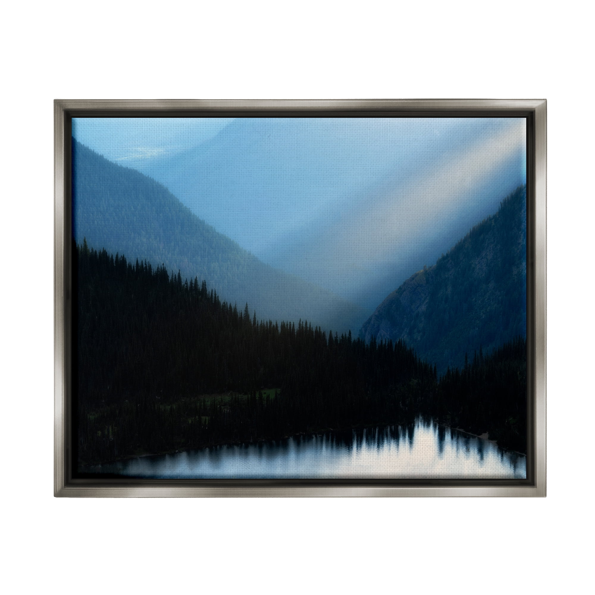 Stupell Industries Blue Mountain Trees Reflection Coastal Photography Gray Floater Framed Art Print Wall Art