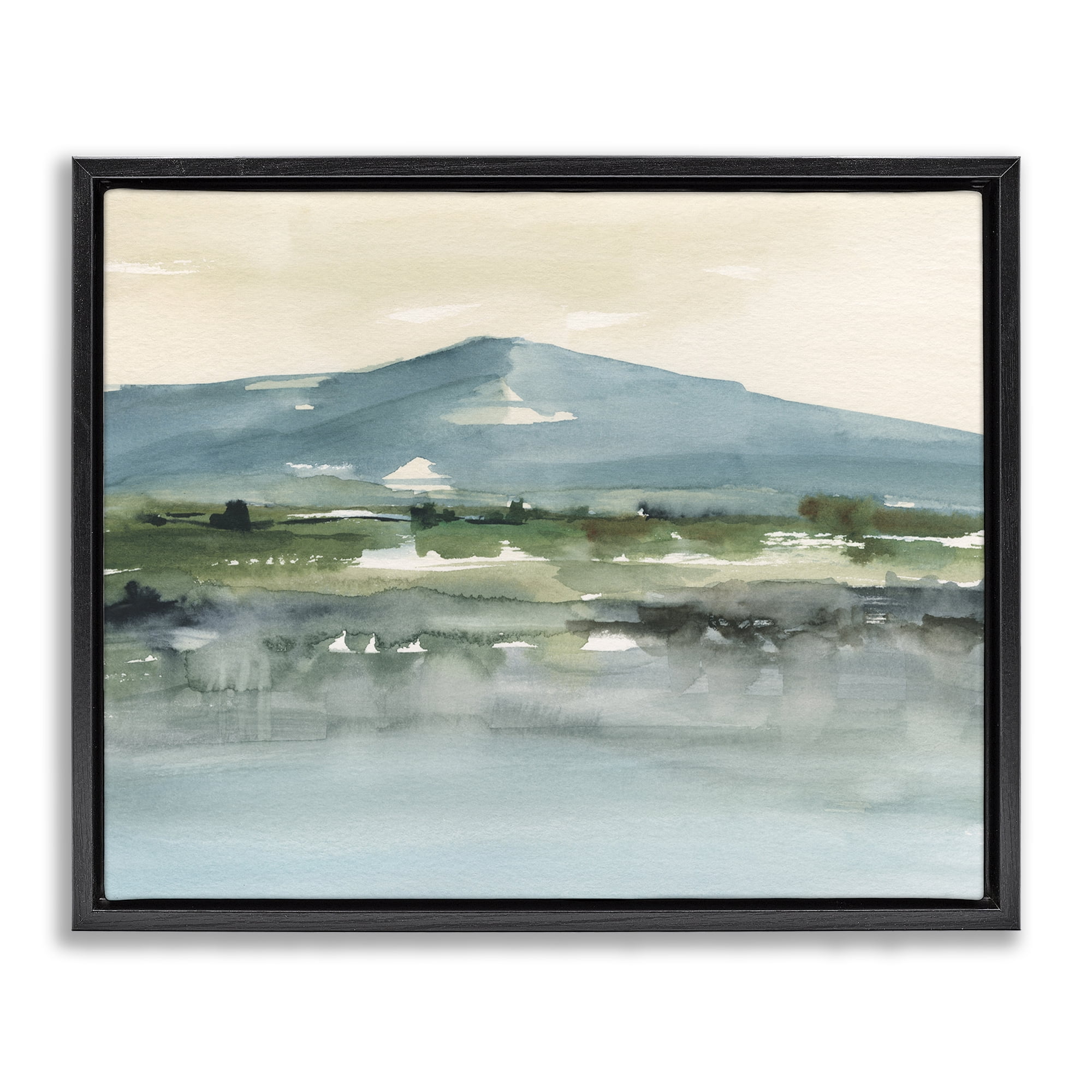 Stupell Industries Blue Mountain Watercolor Landscape & Nature Painting Black Floater Framed Canvas Art Print Wall Art, 21 x 17