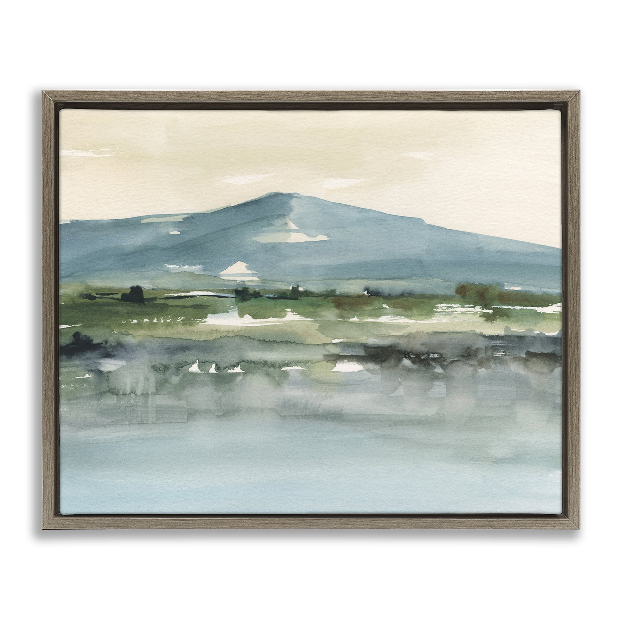 Stupell Industries Blue Mountain Watercolor Landscape & Nature Painting Brown Floater Framed Canvas Art Print Wall Art, 31 x 25