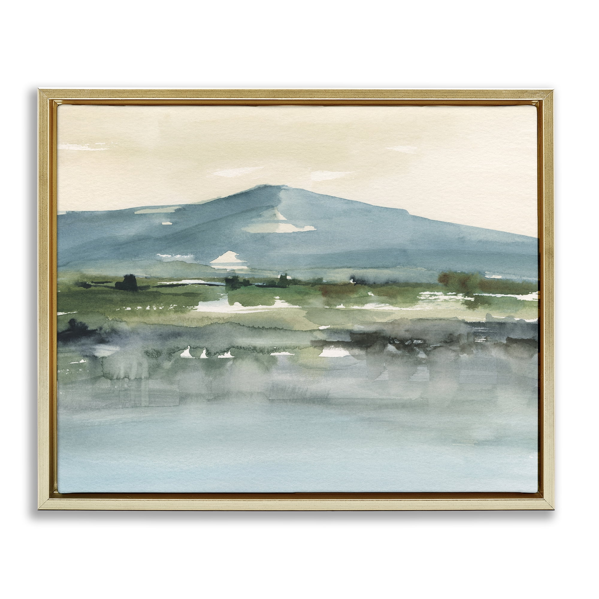 Stupell Industries Blue Mountain Watercolor Landscape & Nature Painting Gold Floater Framed Canvas Art Print Wall Art, 31 x 25