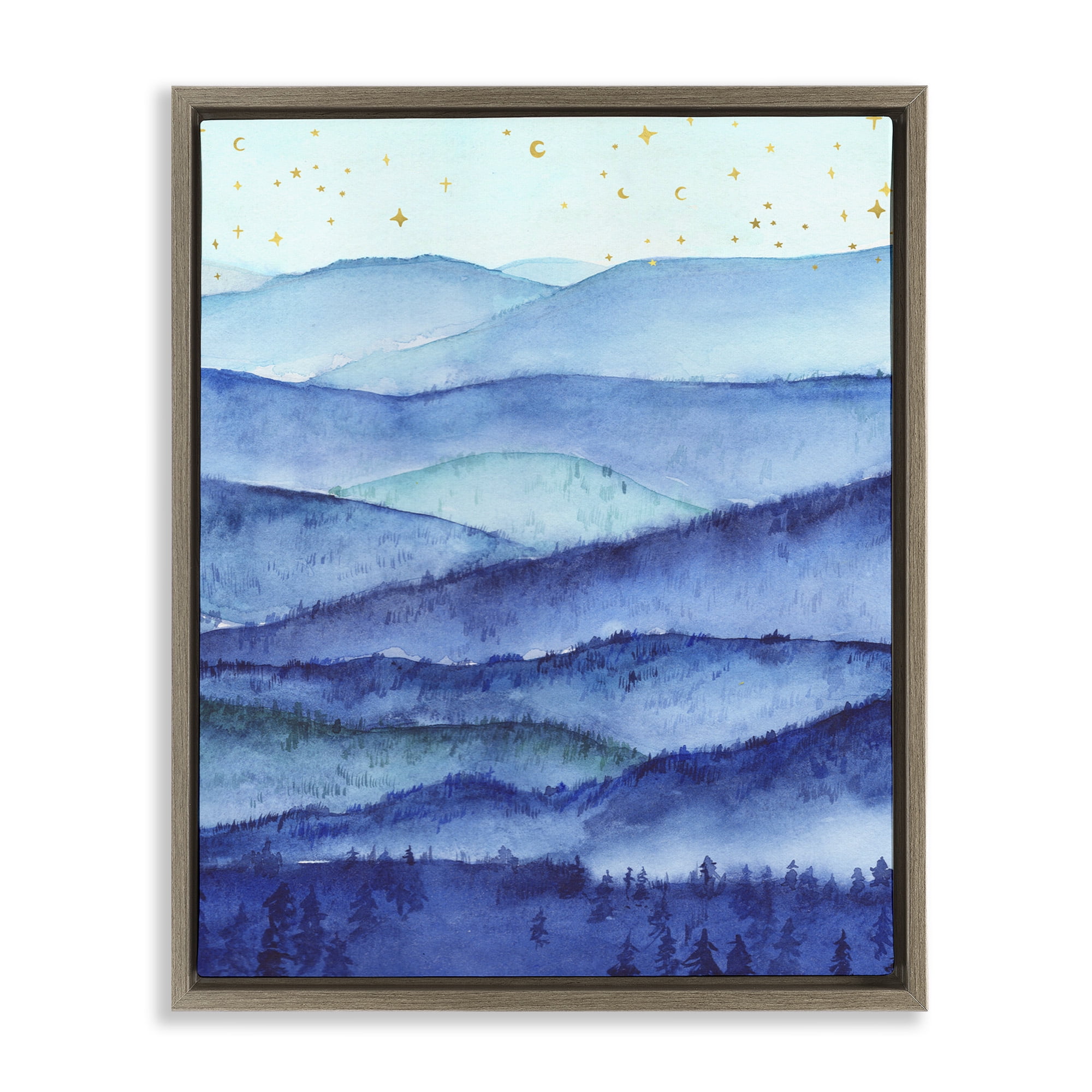 Stupell Industries Blue Mountains & Trees Scenery Abstract Painting Brown Floater Framed Canvas Art Print Wall Art, 17 x 21
