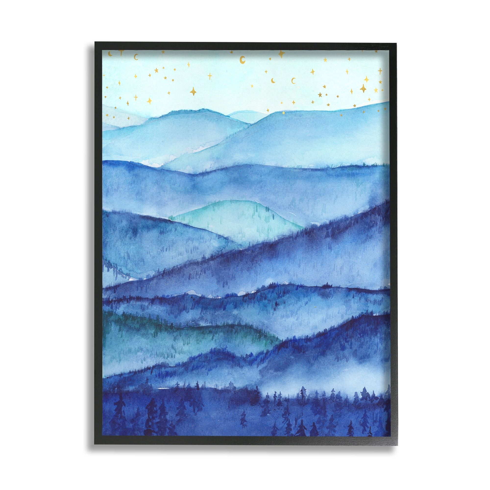 Stupell Industries Blue Mountains Trees Scenery Shining Stars Sky Painting Black Framed Art Print Wall Art, Design by Arrolynn Weiderhold