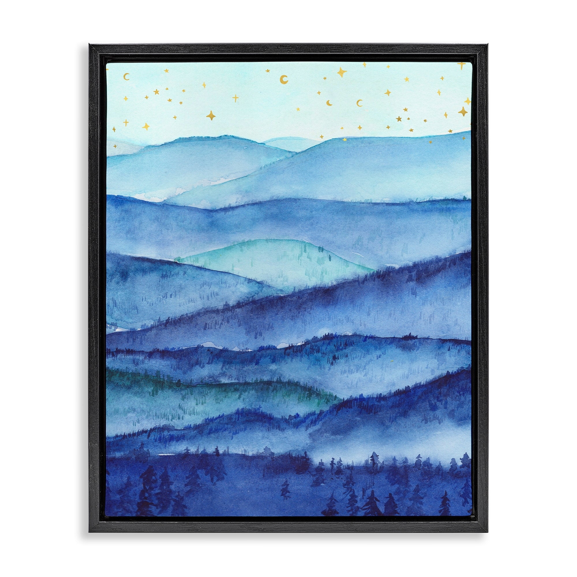 Stupell Industries Blue Mountains Trees Scenery Shining Stars Sky Painting Jet Black Floating Framed Canvas Print Wall Art, Design by Arrolynn Weiderhold