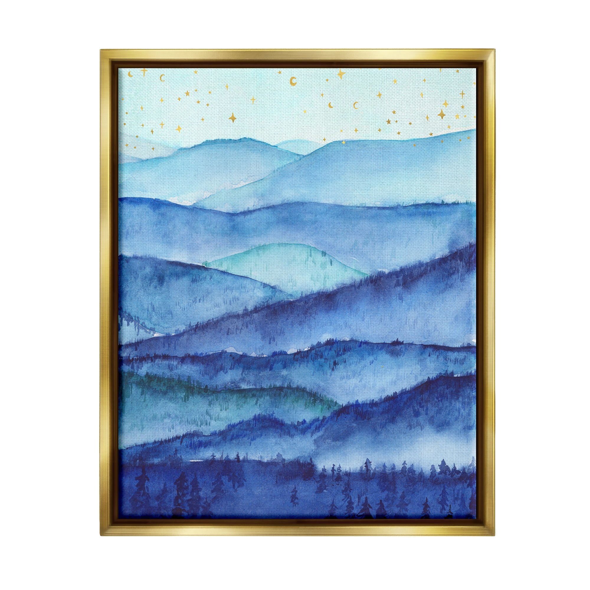 Stupell Industries Blue Mountains Trees Scenery Shining Stars Sky Painting Metallic Gold Floating Framed Canvas Print Wall Art, Design by Arrolynn Weiderhold