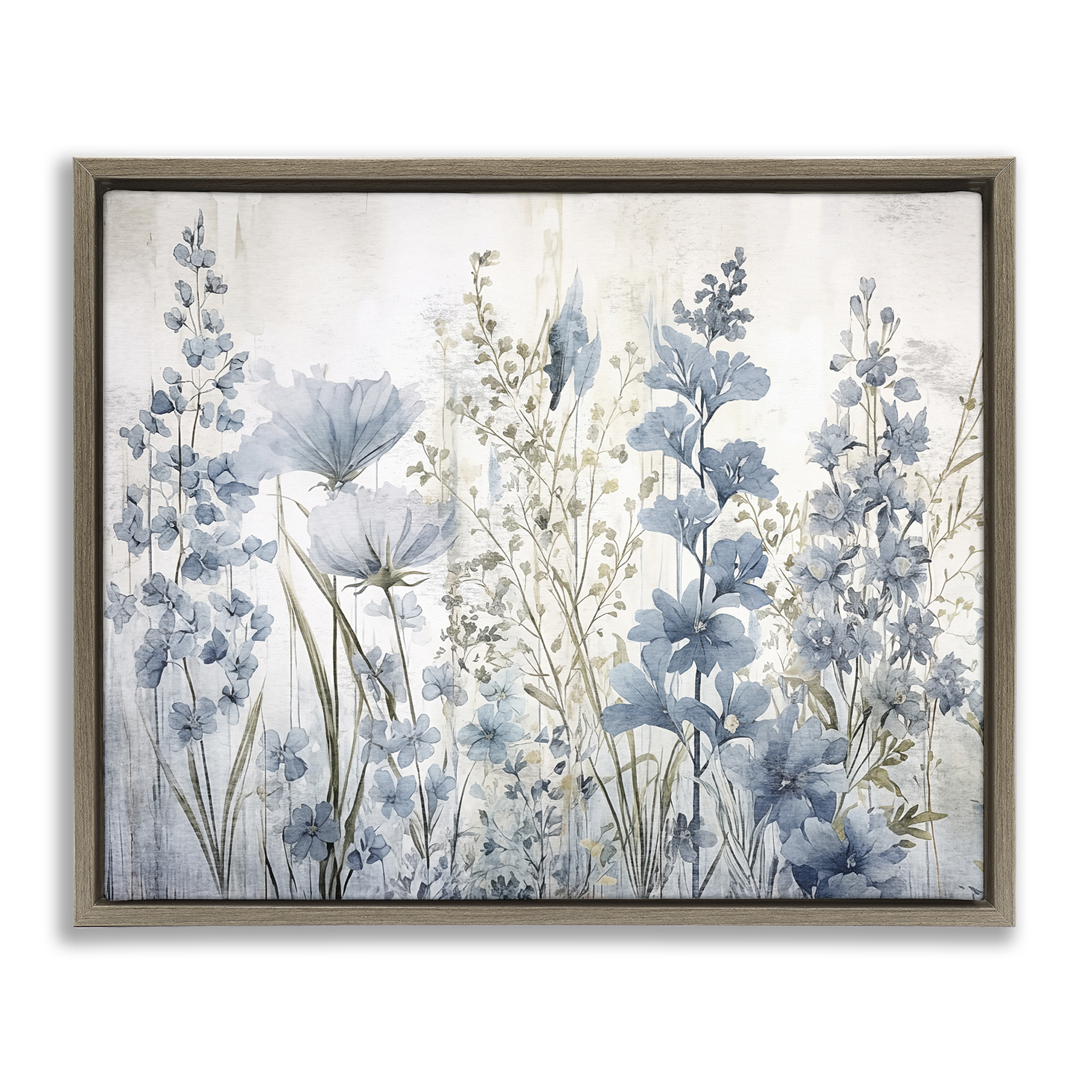 Stupell Industries Blue Nature Blooms Plants & Flowers Painting Brown Floater Framed Canvas Art Print Wall Art, 21 x 17