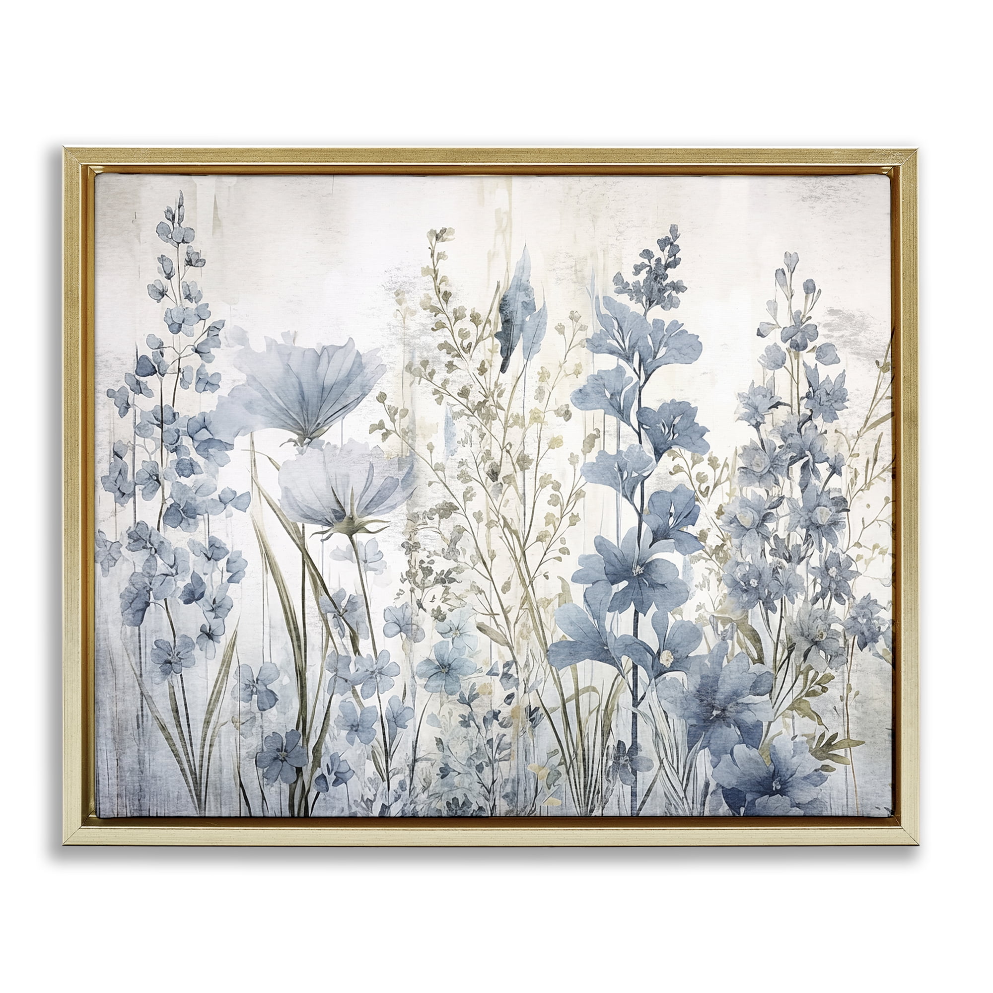 Stupell Industries Blue Nature Blooms Plants & Flowers Painting Gold Floater Framed Canvas Art Print Wall Art, 21 x 17