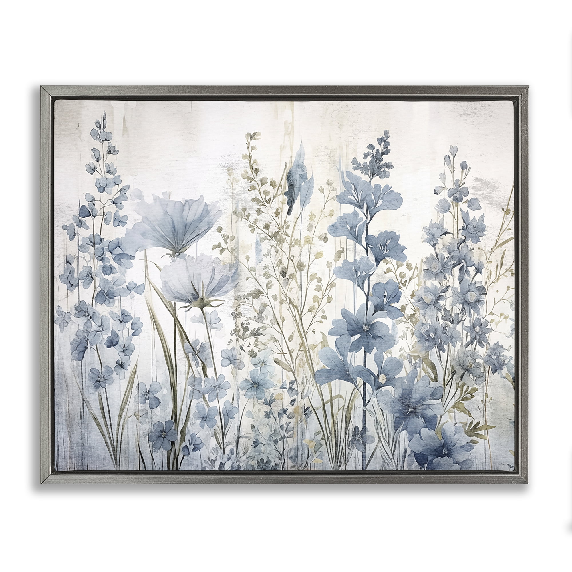 Stupell Industries Blue Nature Blooms Plants & Flowers Painting Gray Floater Framed Canvas Art Print Wall Art, 21 x 17