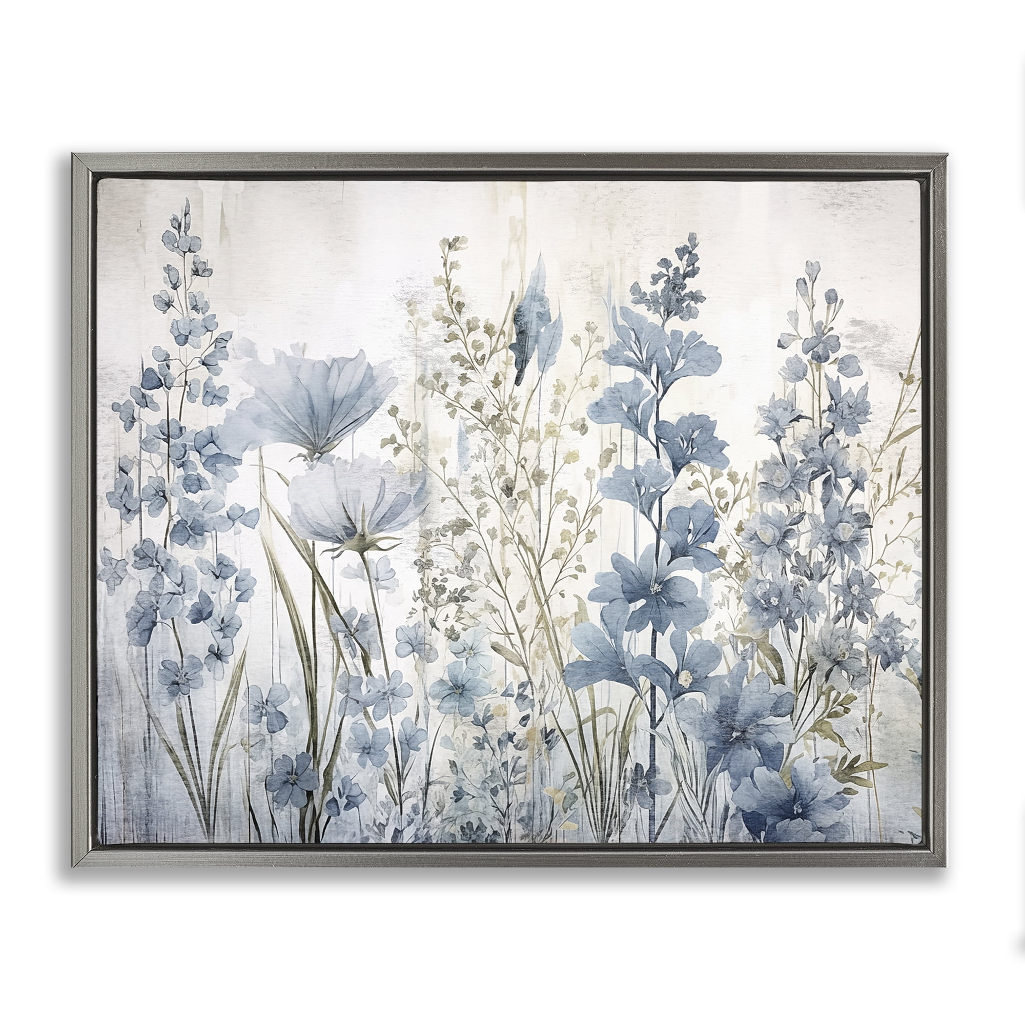 Stupell Industries Blue Nature Blooms Plants & Flowers Painting Gray Floater Framed Canvas Art Print Wall Art, 31 x 25
