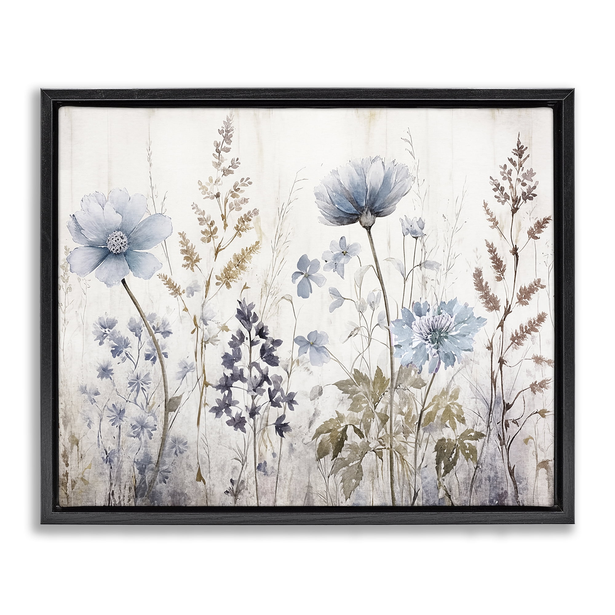 Stupell Industries Blue Nature Blossoms Plants & Flowers Painting Black Floater Framed Canvas Art Print Wall Art, 21 x 17