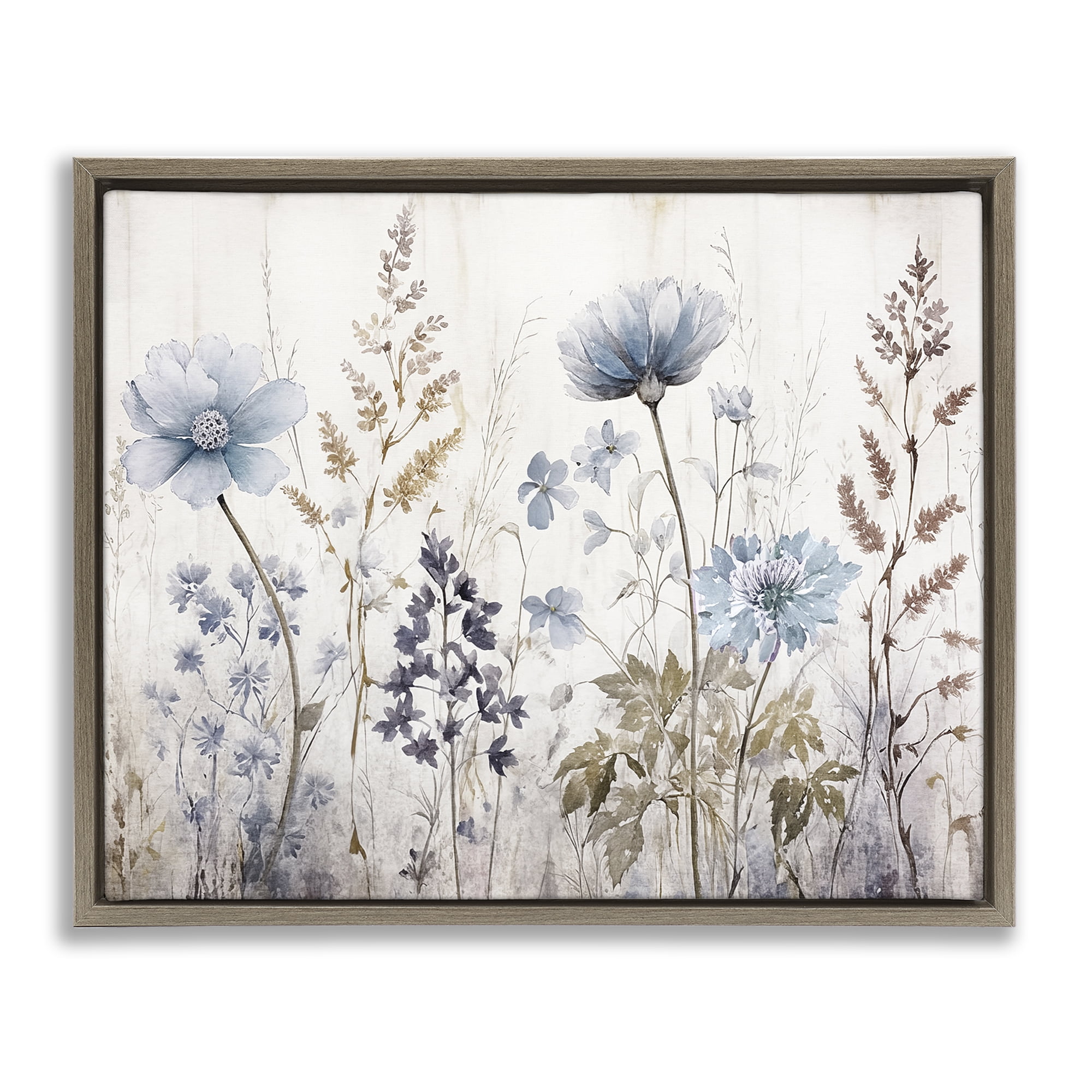 Stupell Industries Blue Nature Blossoms Plants & Flowers Painting Brown Floater Framed Canvas Art Print Wall Art, 21 x 17