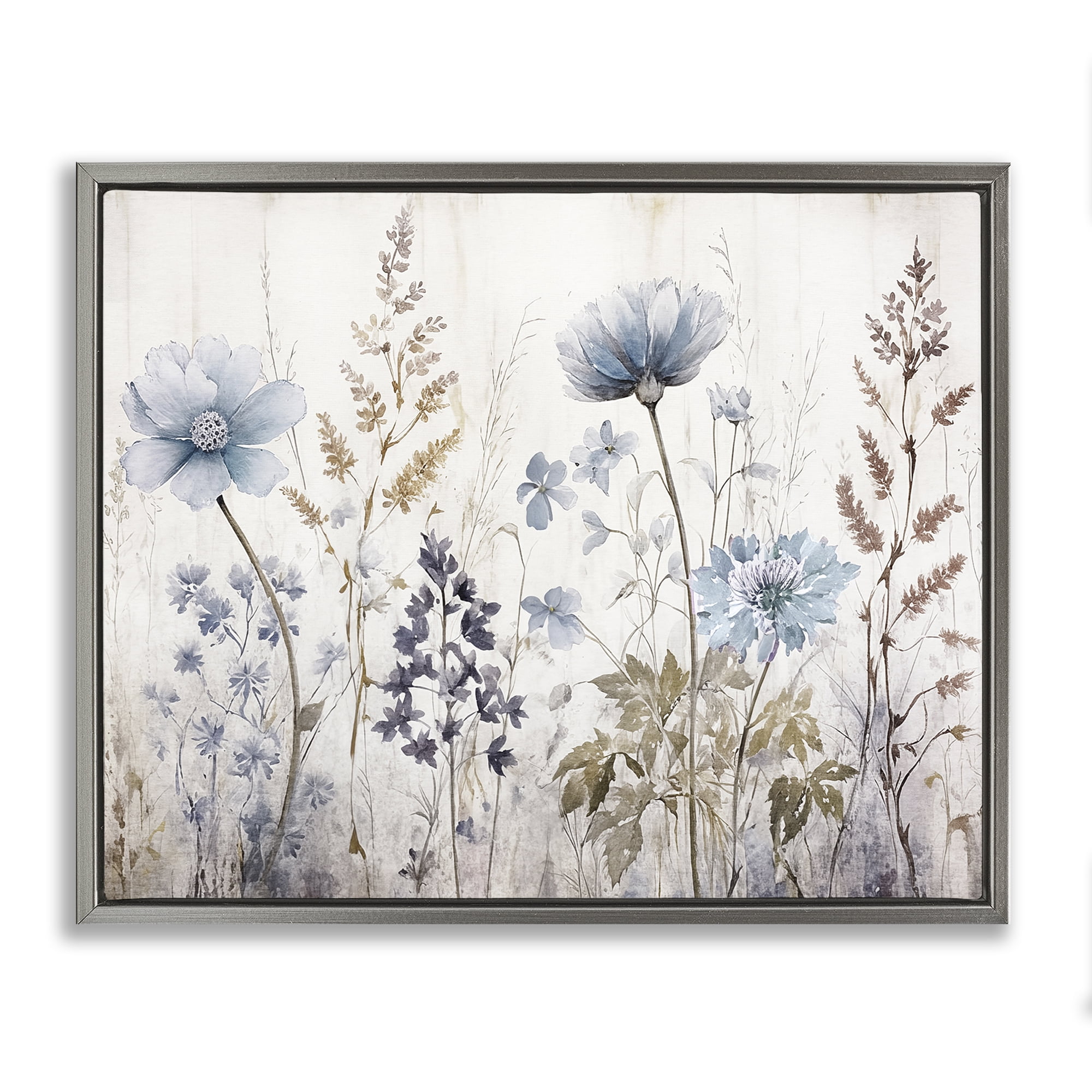 Stupell Industries Blue Nature Blossoms Plants & Flowers Painting Gray Floater Framed Canvas Art Print Wall Art, 31 x 25