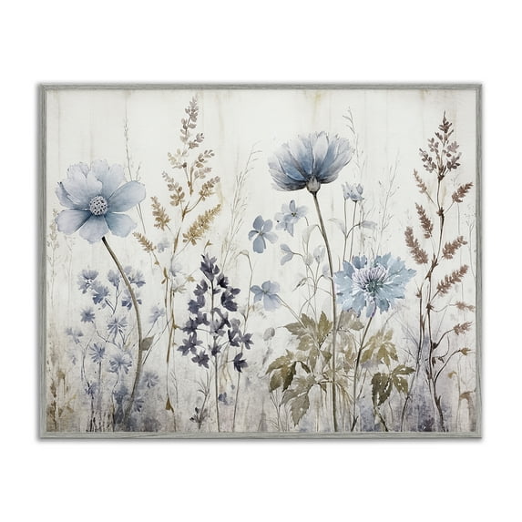 Stupell Industries Blue Nature Blossoms Plants & Flowers Painting Gray Framed Art Print Wall Art, 14 x 11