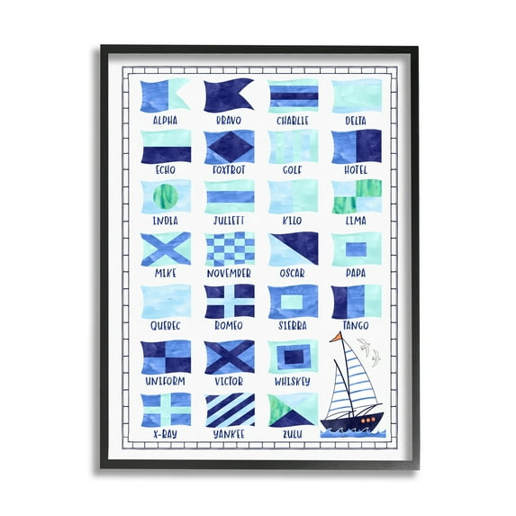 Stupell Industries Blue Nautical Flag Sailing Maritime Symbols Chart Graphic Art Black Framed Art Print Wall Art, 11x14, by Erica Billups