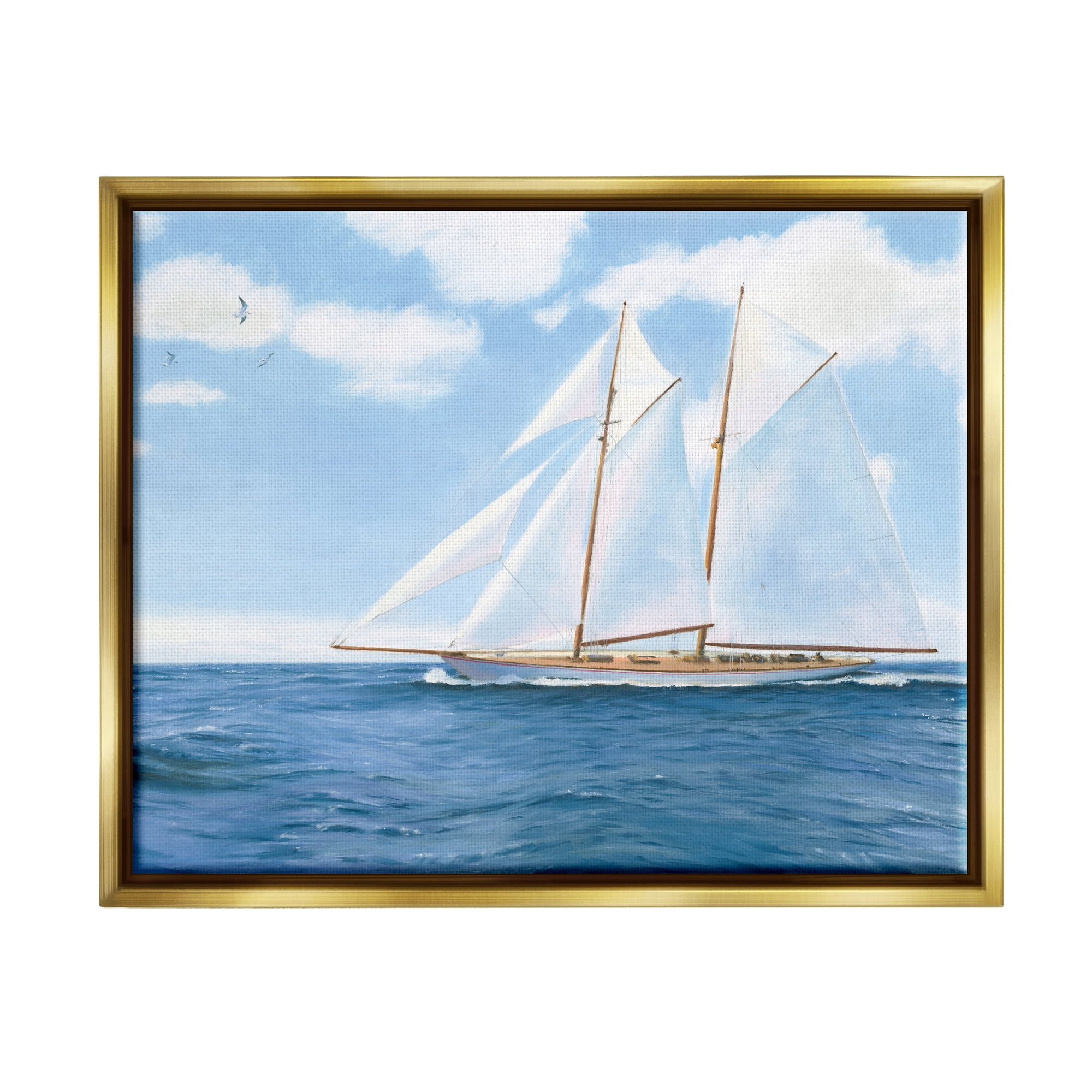 Stupell Industries Blue Nautical Sailboat Transportation Painting Gold Floater Framed Art Print Wall Art, 21 x 17