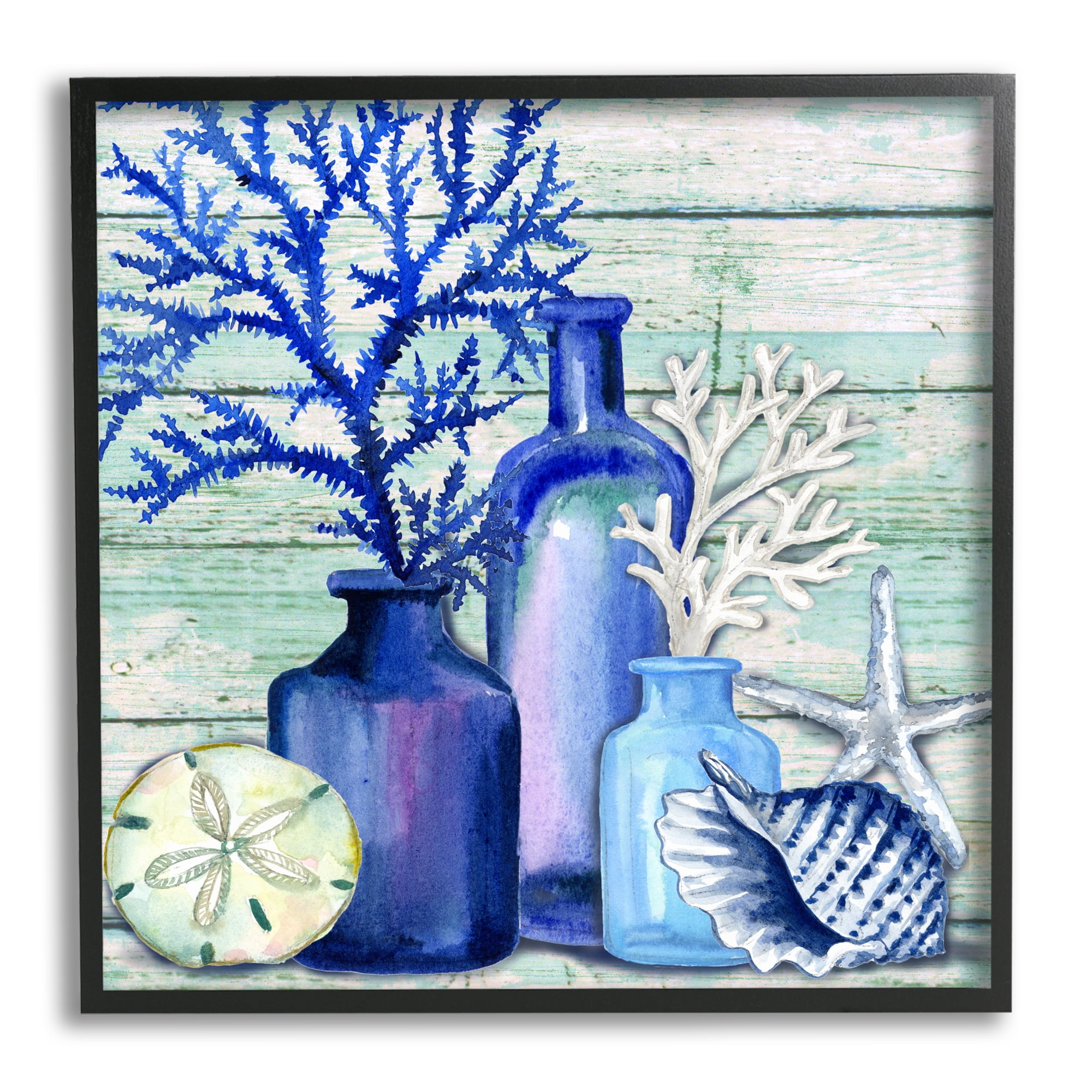 Stupell Industries Blue Nautical Vases Nature Painting Black Framed Art Print Wall Art, 17 x 17