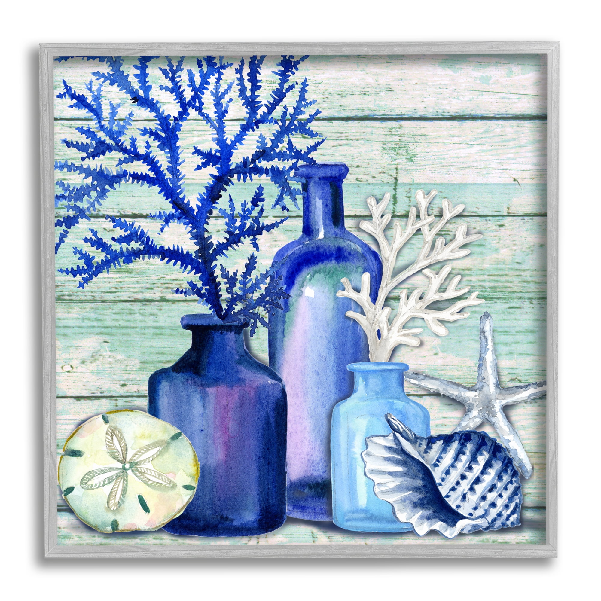 Stupell Industries Blue Nautical Vases Nature Painting Gray Framed Art Print Wall Art, 12 x 12