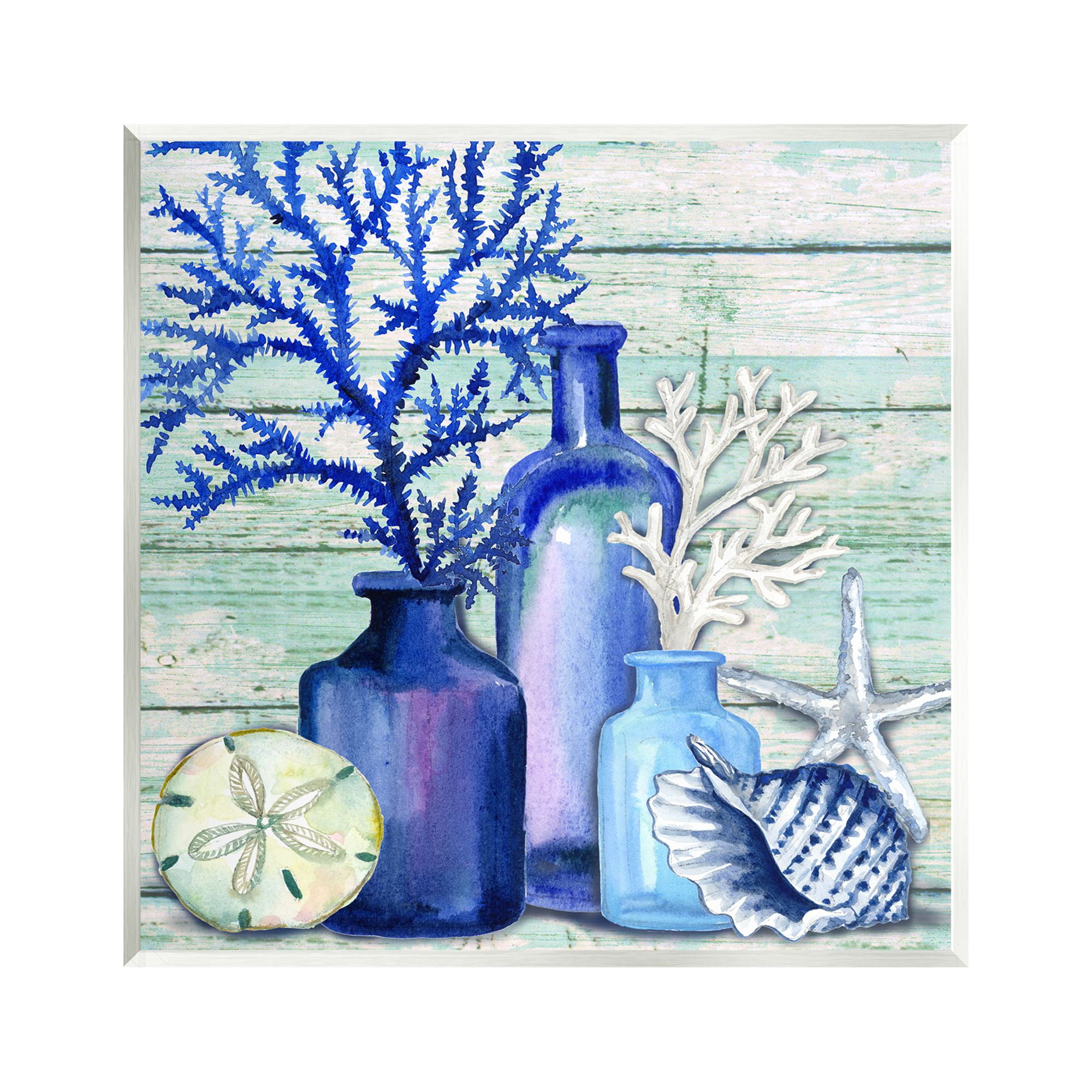 Stupell Industries Blue Nautical Vases Nature Painting Unframed Art Print Wall Art, 12 x 12