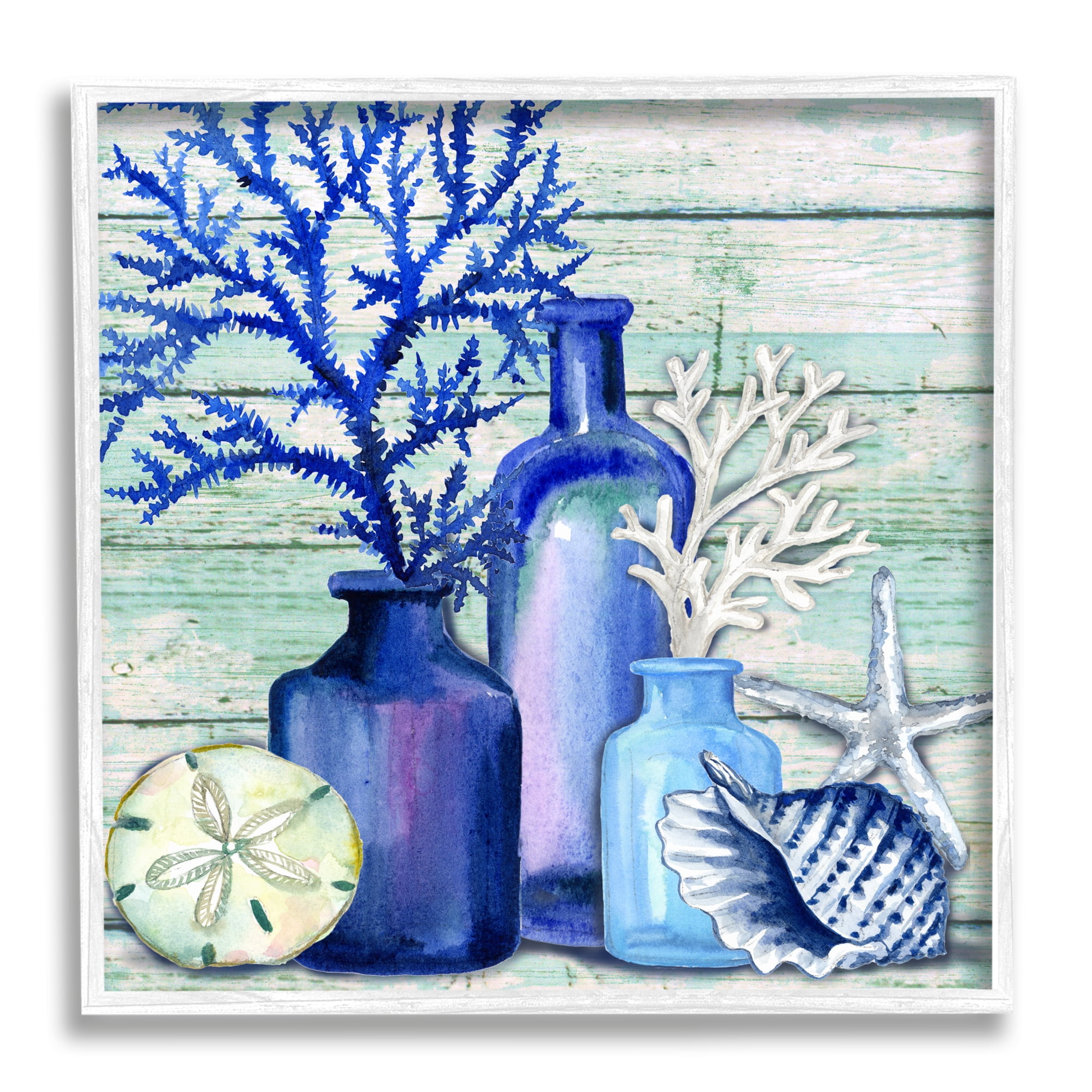Stupell Industries Blue Nautical Vases Nature Painting White Framed Art Print Wall Art, 12 x 12