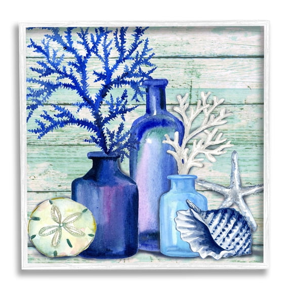 Stupell Industries Blue Nautical Vases Nature Painting White Framed Art Print Wall Art, 12 x 12