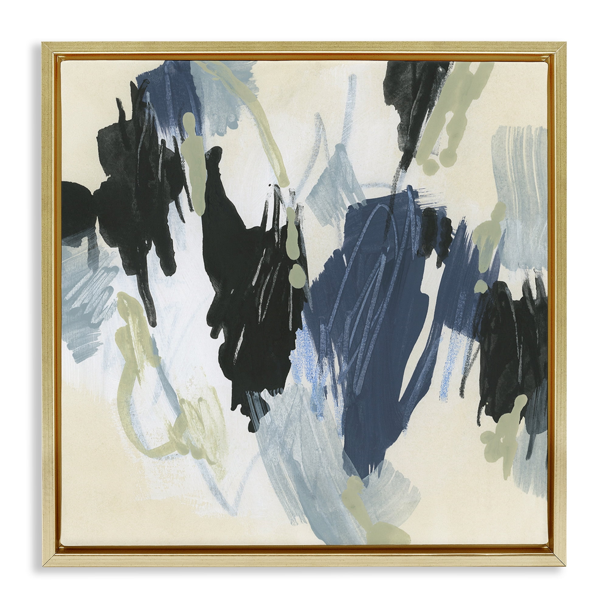 Stupell Industries Blue & Neutral Abstraction Abstract Painting Gold Floater Framed Canvas Art Print Wall Art, 18 x 18