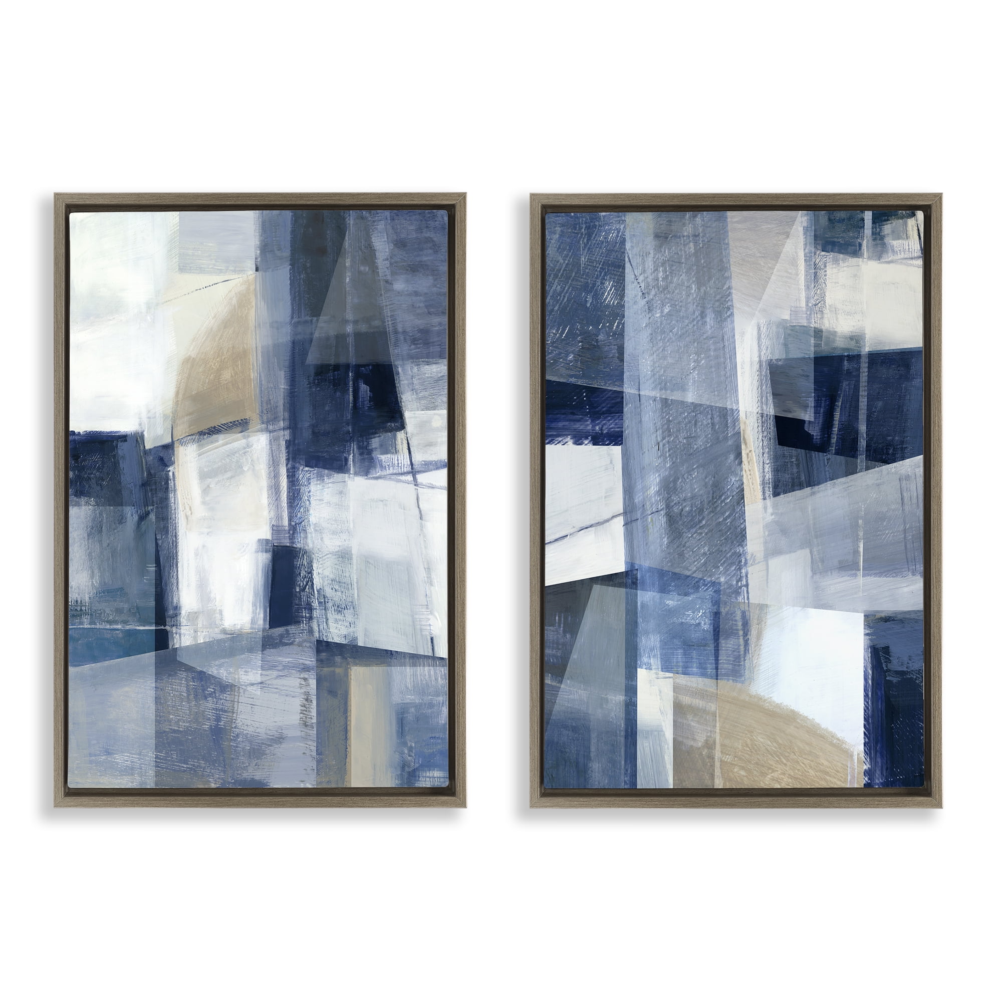 Stupell Industries Blue & Neutral Geometrics Abstract Painting Brown Floater Framed Canvas Art Print Wall Art, 21 x 31, Set of 2