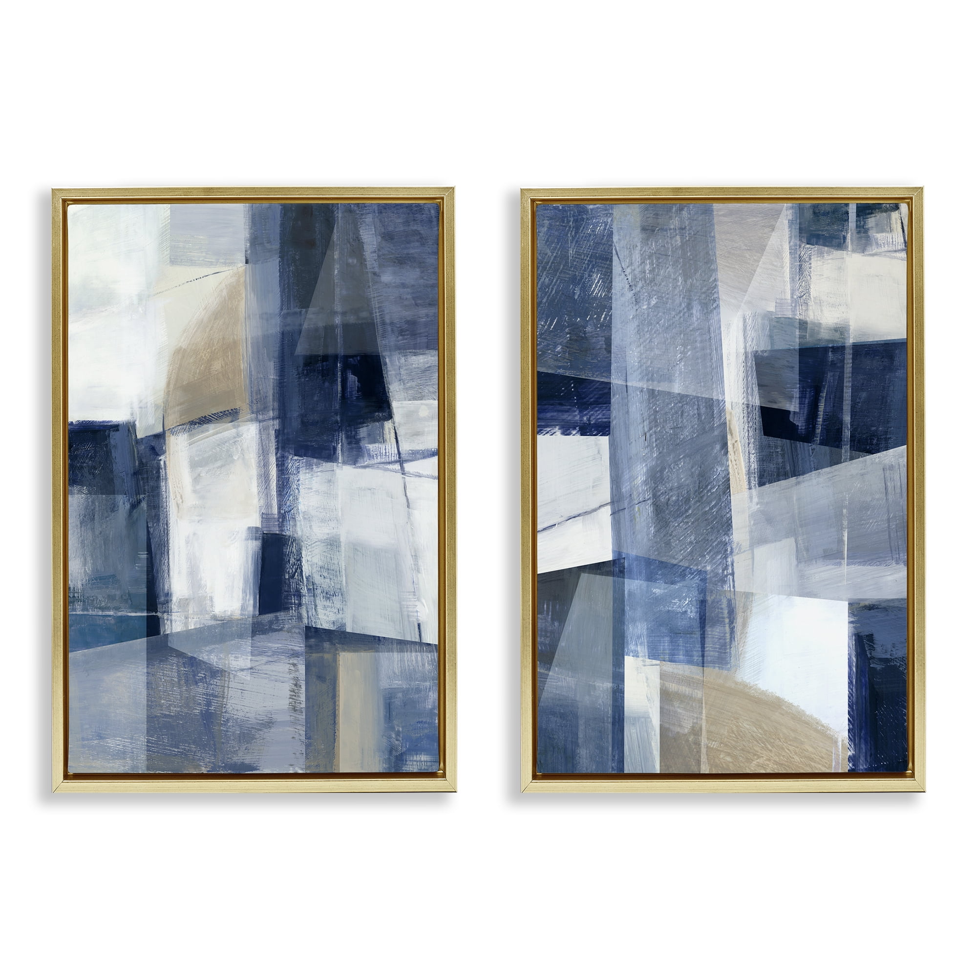 Stupell Industries Blue & Neutral Geometrics Abstract Painting Gold Floater Framed Canvas Art Print Wall Art, 17 x 25, Set of 2