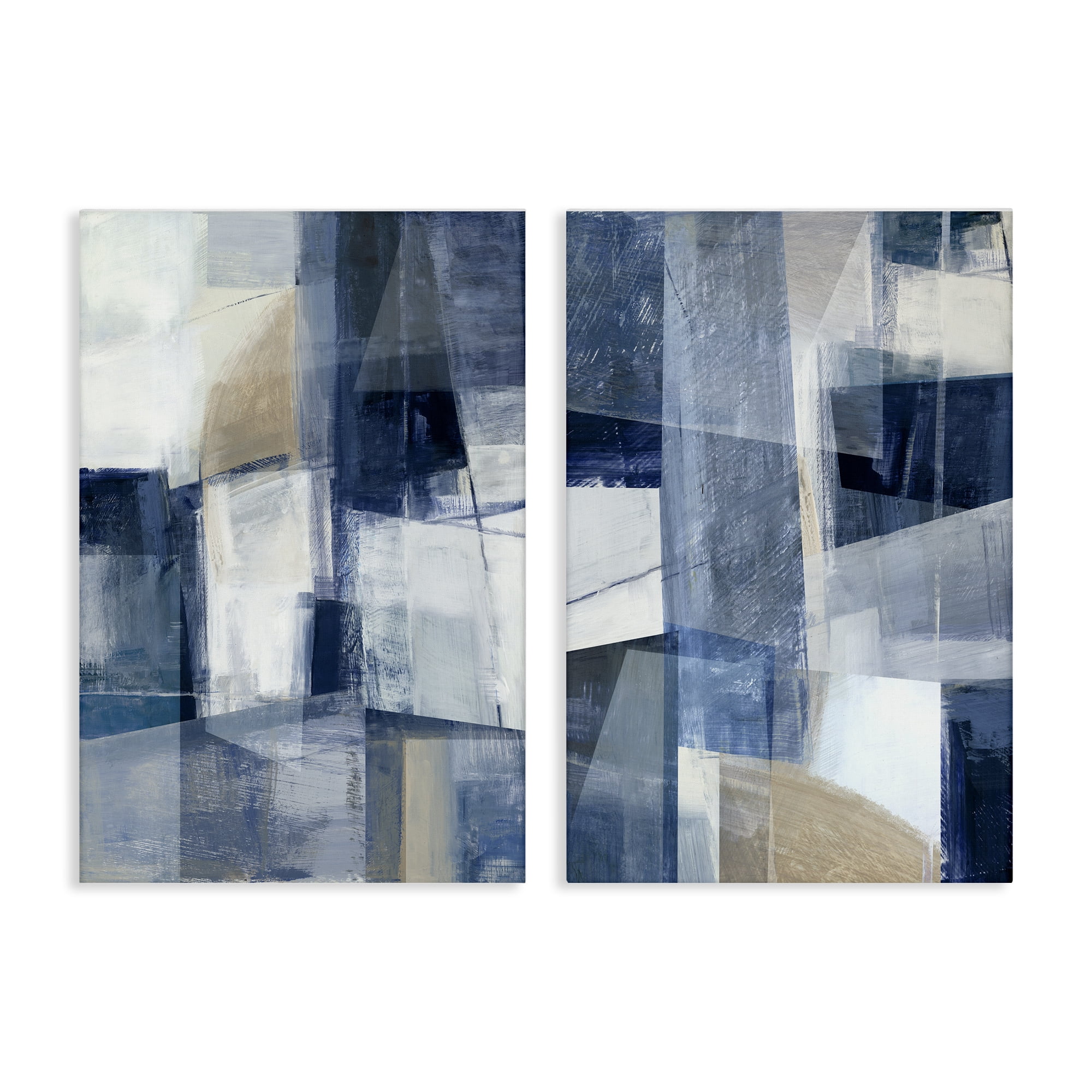 Stupell Industries Blue & Neutral Geometrics Abstract Painting Wrapped Canvas Art Print Wall Art, 24 x 36, Set of 2