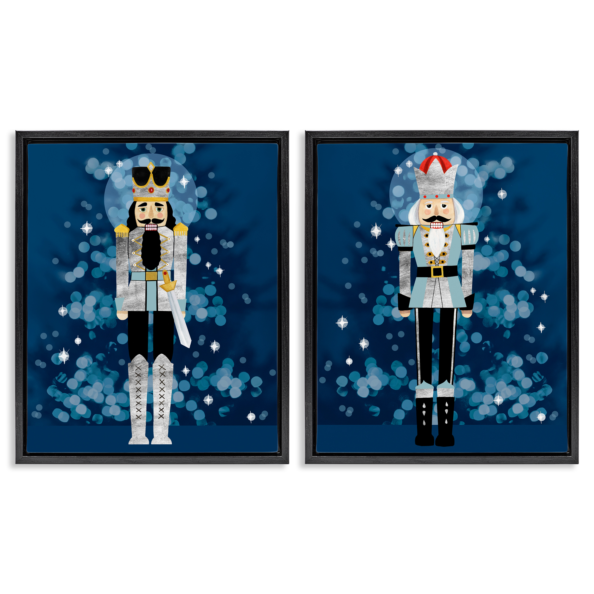 Stupell Industries Blue Nutcracker Figures Holiday Painting Black Floater Framed Canvas Art Print Wall Art, 31 x 25, Set of 2