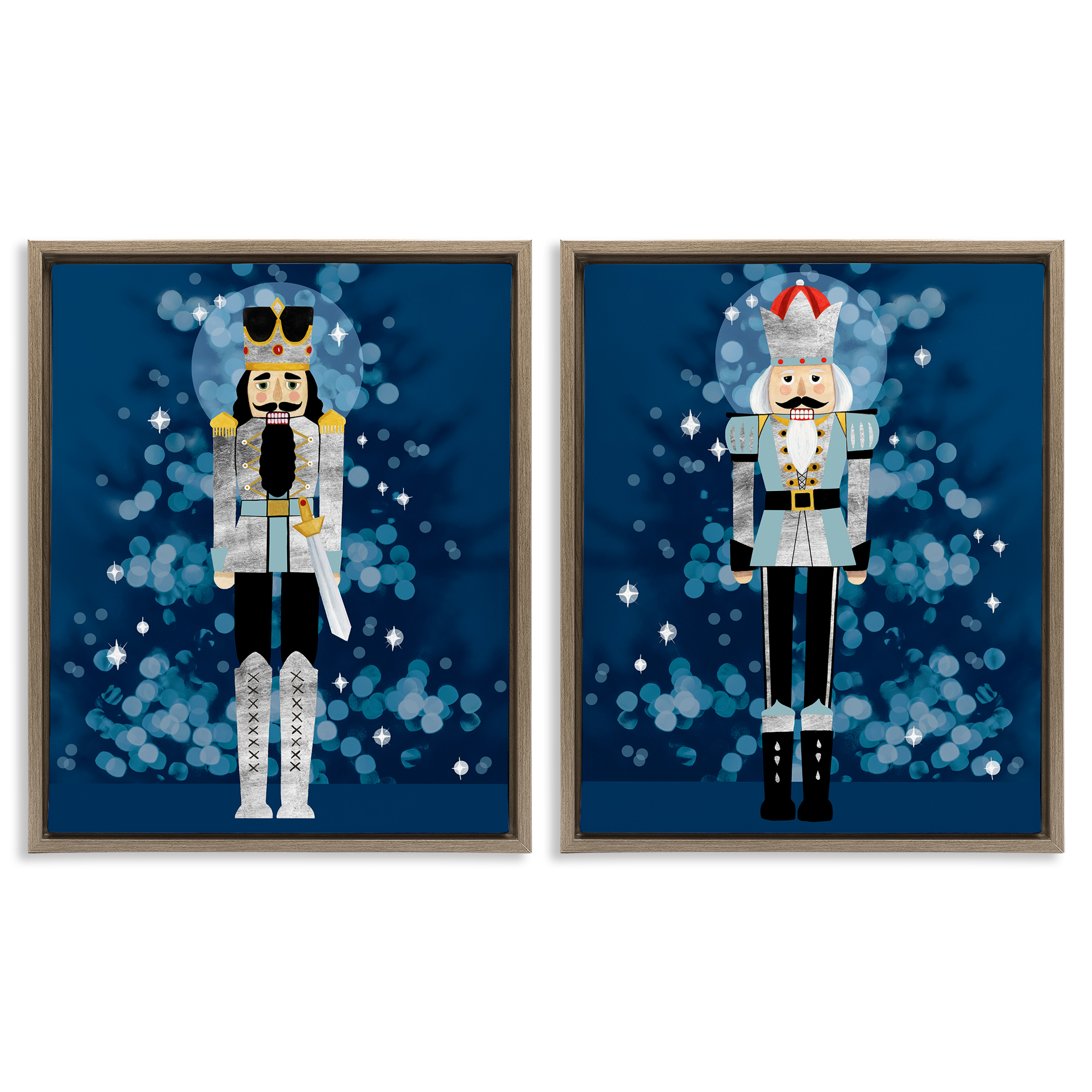 Stupell Industries Blue Nutcracker Figures Holiday Painting Brown Floater Framed Canvas Art Print Wall Art, 17 x 21, Set of 2