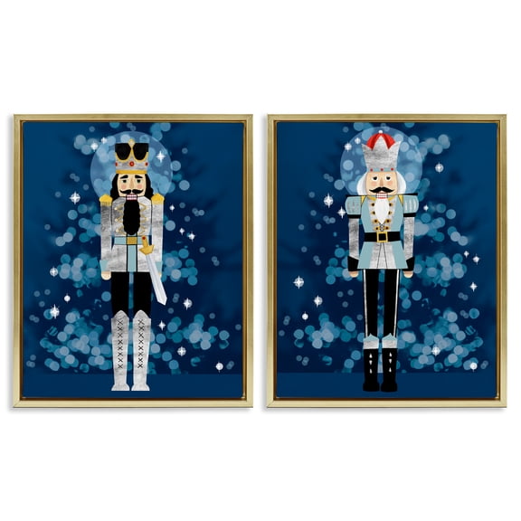 Stupell Industries Blue Nutcracker Figures Holiday Painting Gold Floater Framed Canvas Art Print Wall Art, 31 x 25, Set of 2