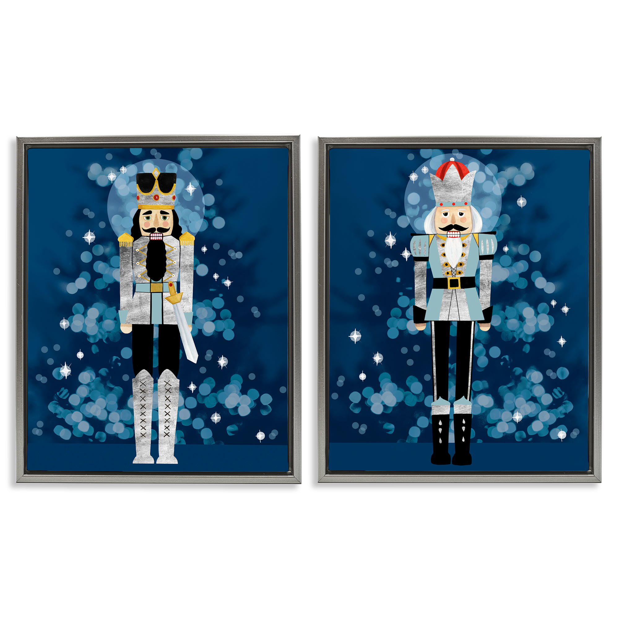 Stupell Industries Blue Nutcracker Figures Holiday Painting Gray Floater Framed Canvas Art Print Wall Art, 31 x 25, Set of 2