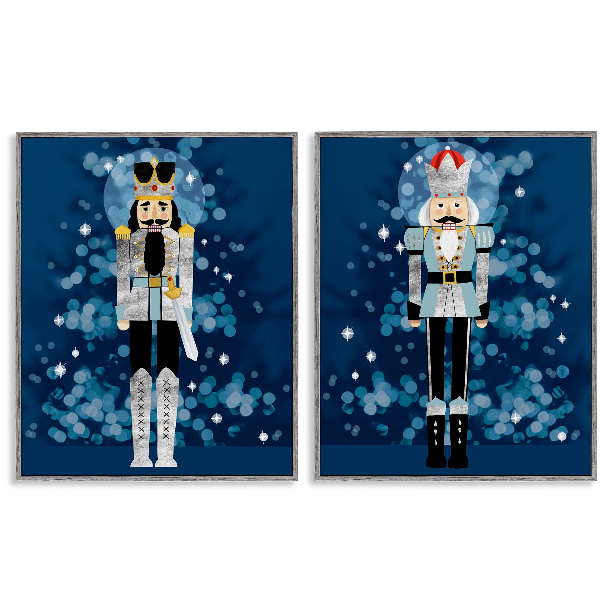 Stupell Industries Blue Nutcracker Figures Holiday Painting Gray Framed Art Print Wall Art, 24 x 30, Set of 2