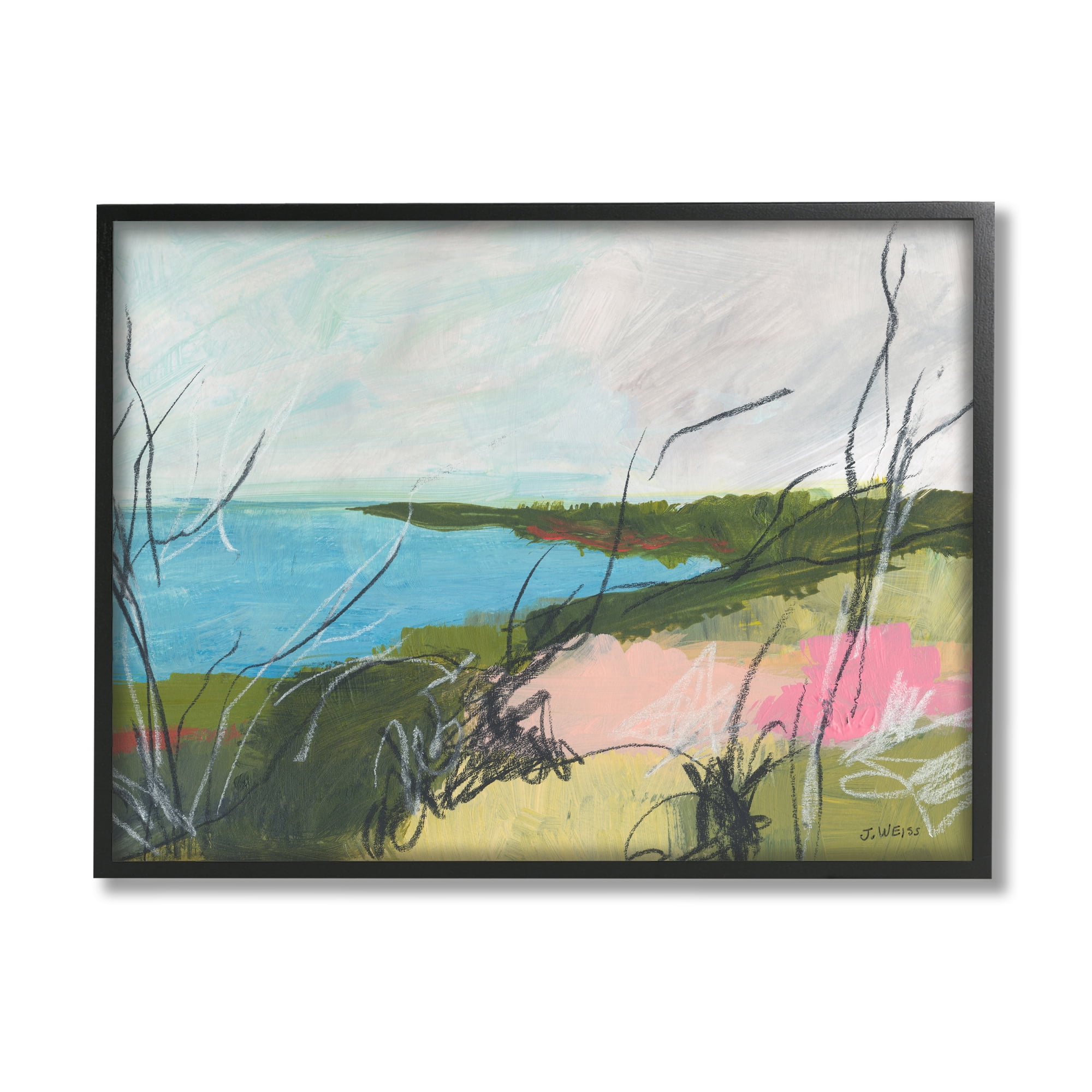Stupell Industries Blue Ocean Coast Landscape Scratch Line Abstraction Nature Painting Black Framed Art Print Wall Art, 11 x 14