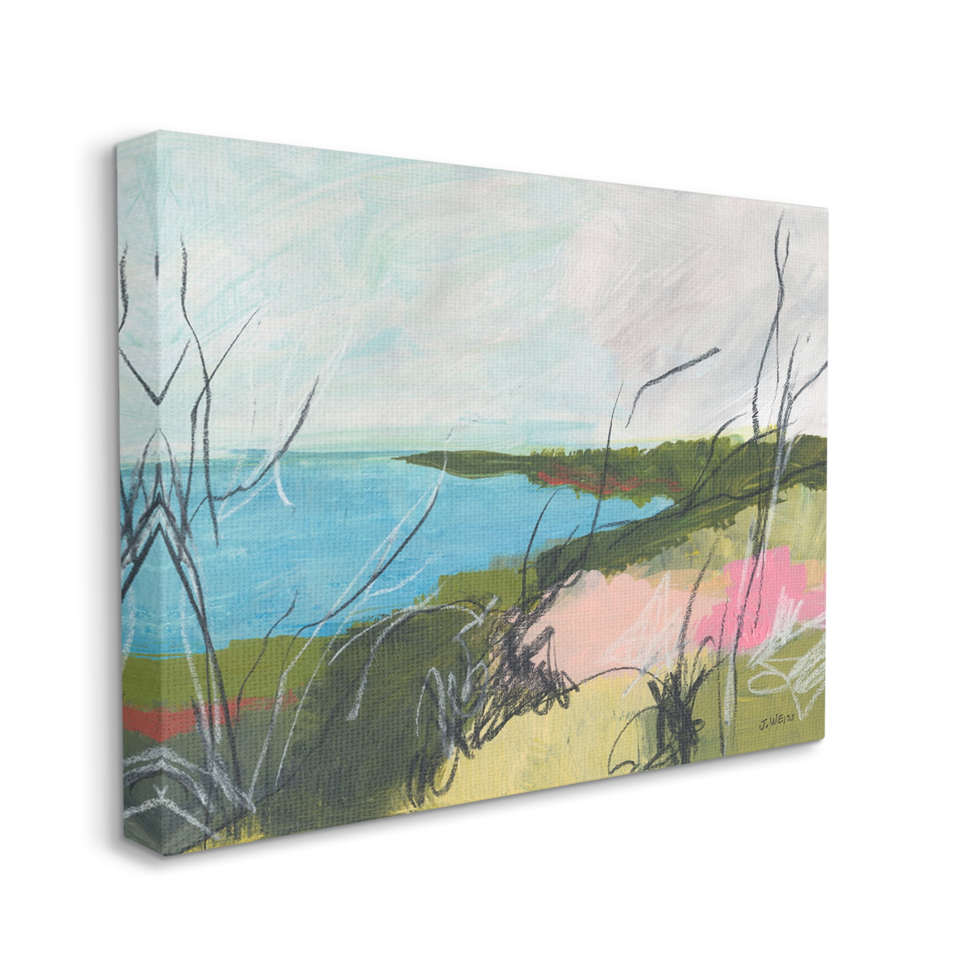 Stupell Industries Blue Ocean Coast Landscape Scratch Line Abstraction Nature Painting Gallery Wrapped Canvas Print Wall Art, 30 x 40