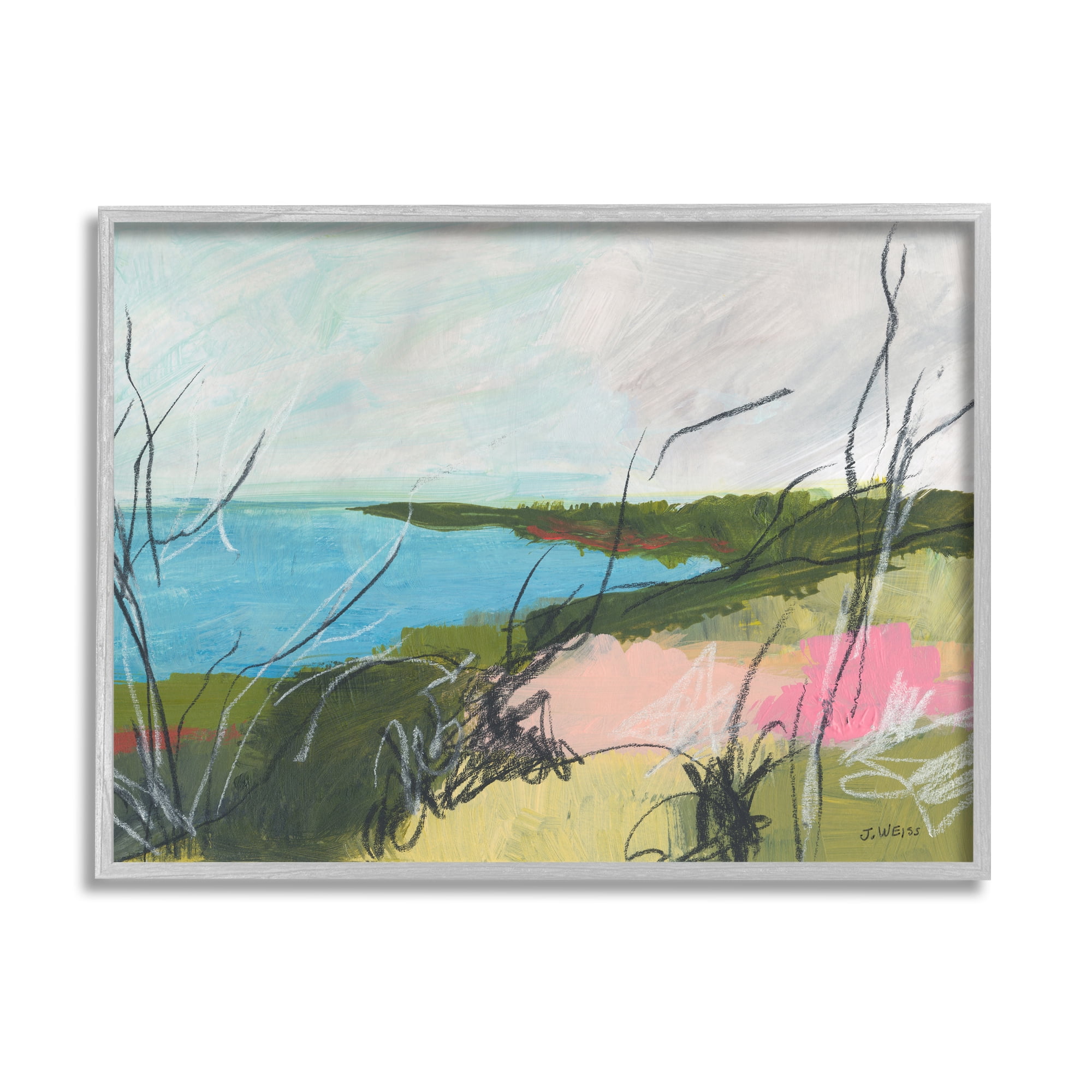 Stupell Industries Blue Ocean Coast Landscape Scratch Line Abstraction Nature Painting Gray Framed Art Print Wall Art, 16 x 20