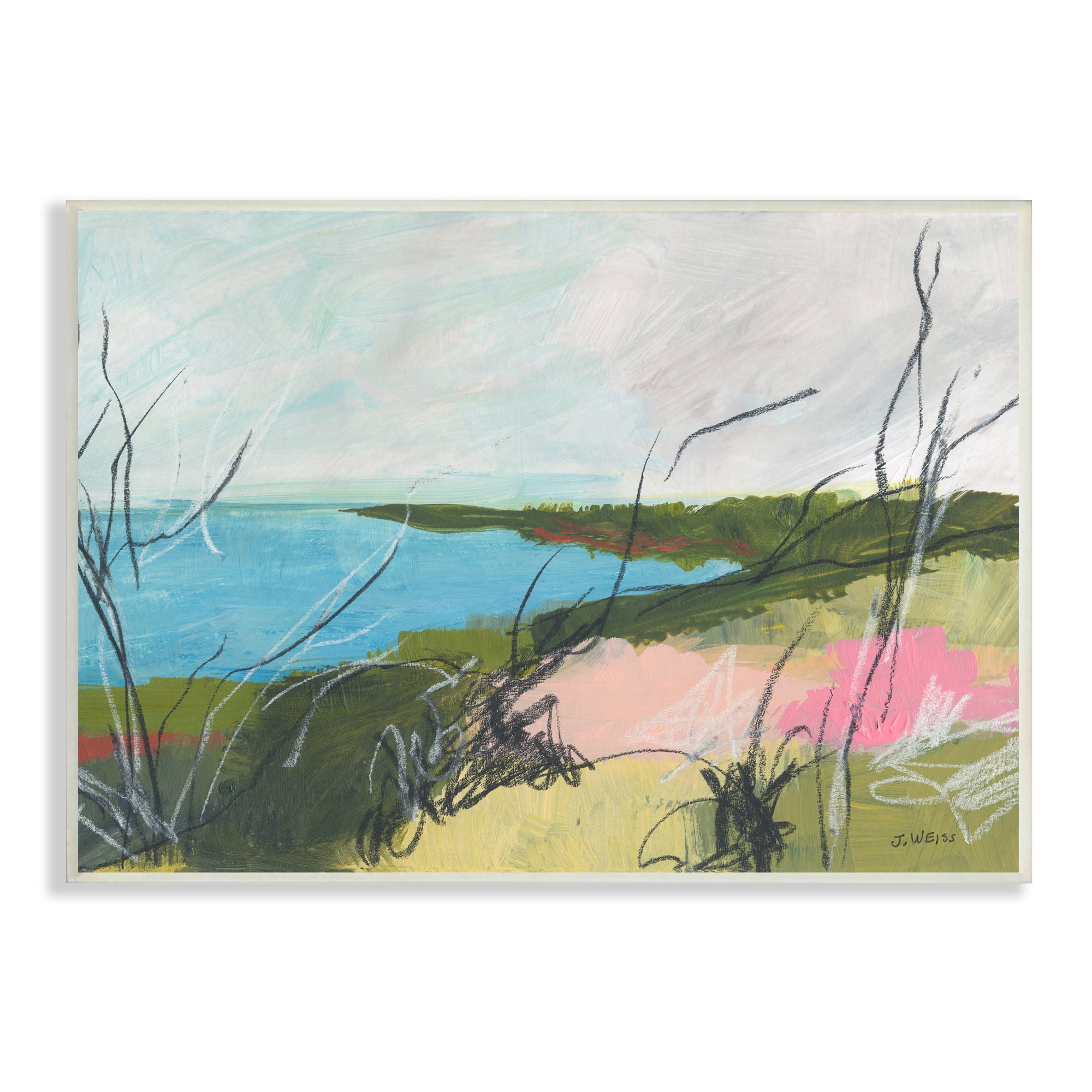 Stupell Industries Blue Ocean Coast Landscape Scratch Line Abstraction Nature Painting Unframed Art Print Wall Art, 13 x 19