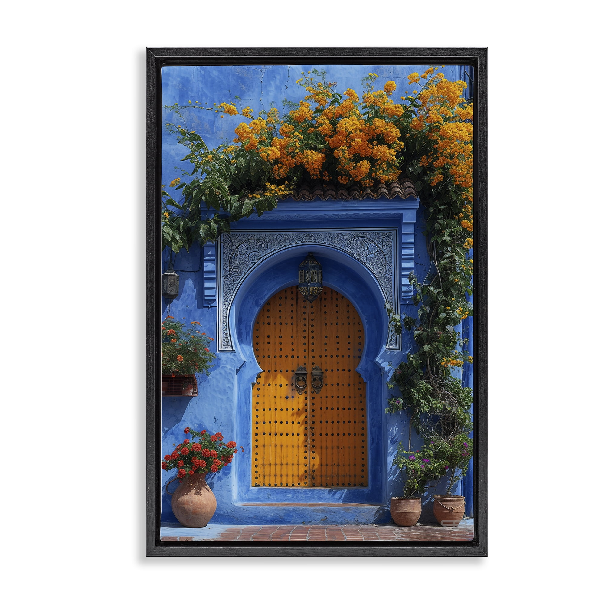 Stupell Industries Blue & Orange Architecture Buildings & Architecture Painting Black Floater Framed Canvas Art Print Wall Art, 21 x 31
